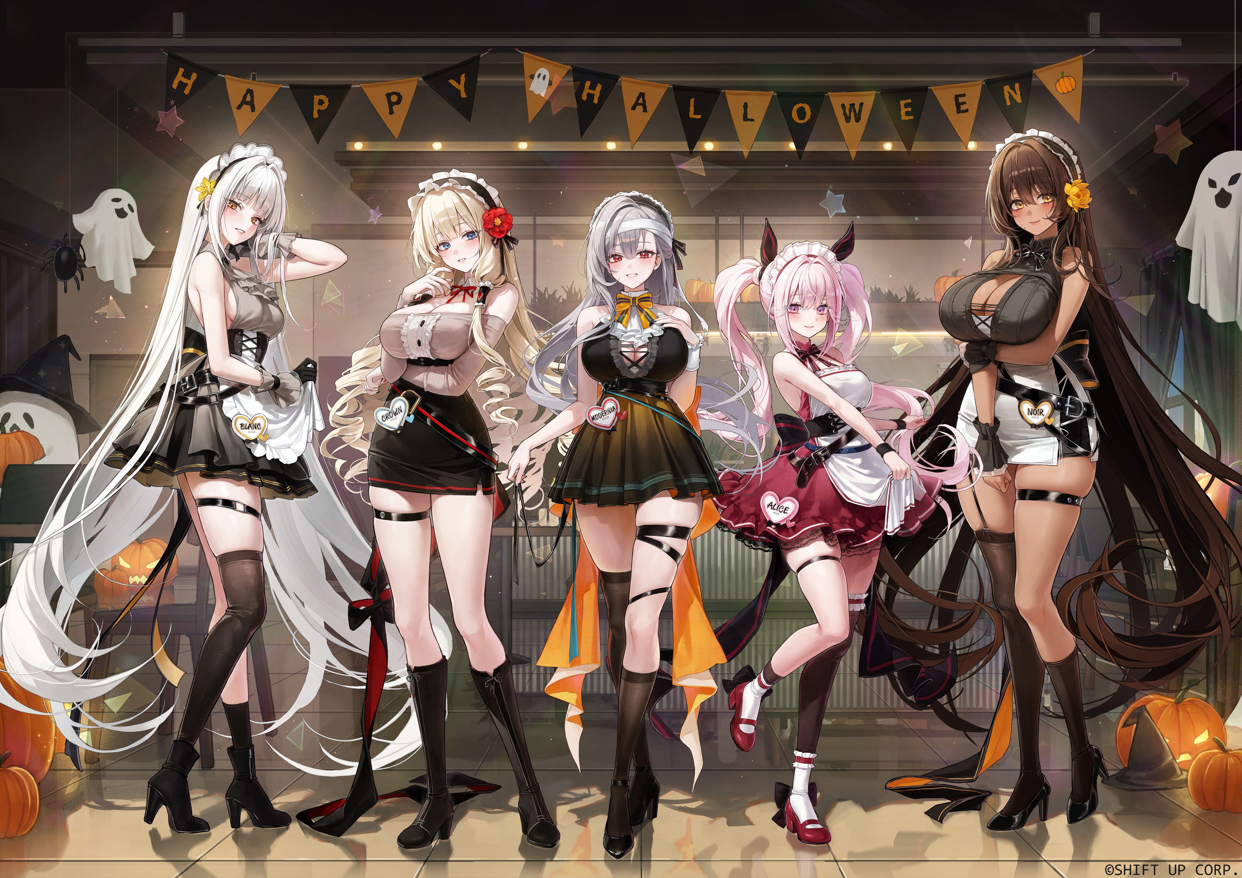 meoyo, alice (nikke), blanc (nikke), crown (nikke), modernia (nikke), noir (nikke), goddess of victory: nikke, absurdres, highres, official art, 5girls, apron, asymmetrical legwear, bare shoulders, black boots, black shoes, black socks, black thighhighs, blonde hair, boots, breasts, brown hair, cleavage, closed mouth, full body, grey hair, happy halloween, high heels, indoors, kneehighs, large breasts, long hair, looking at viewer, maid, maid apron, maid headdress, multiple girls, parted lips, pink hair, red scarf, red shoes, scarf, shoes, skindentation, skirt, smile, socks, socks over thighhighs, standing, standing on one leg, thigh strap, thighhighs, twintails, uneven legwear, very long hair, white apron, white socks