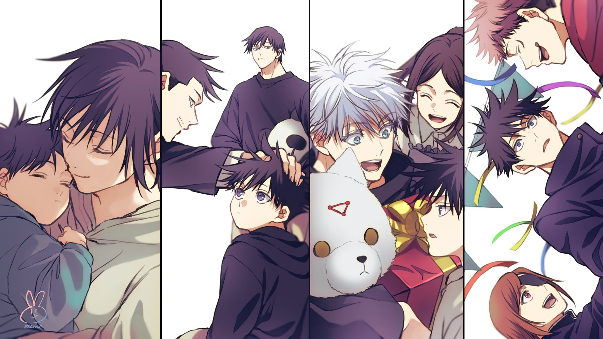 niina 1oo9, fushiguro megumi, fushiguro touji, fushiguro tsumiki, gojou satoru, itadori yuuji, kugisaki nobara, megumi's mother (jujutsu kaisen), shiu kong, jujutsu kaisen, commentary, hashtag-only commentary, highres, symbol-only commentary, 3girls, 5boys, ^ ^, aged down, black hair, box, brown eyes, brown hair, closed eyes, eyepatch, facial hair, gift, gift box, hand on another's head, holding, holding gift, hood, hoodie, jujutsu tech uniform, mother and son, multiple boys, multiple girls, mustache, open mouth, pink hair, ponytail, sidelocks, signature, simple background, smile, spiked hair, swept bangs, white background, white hair
