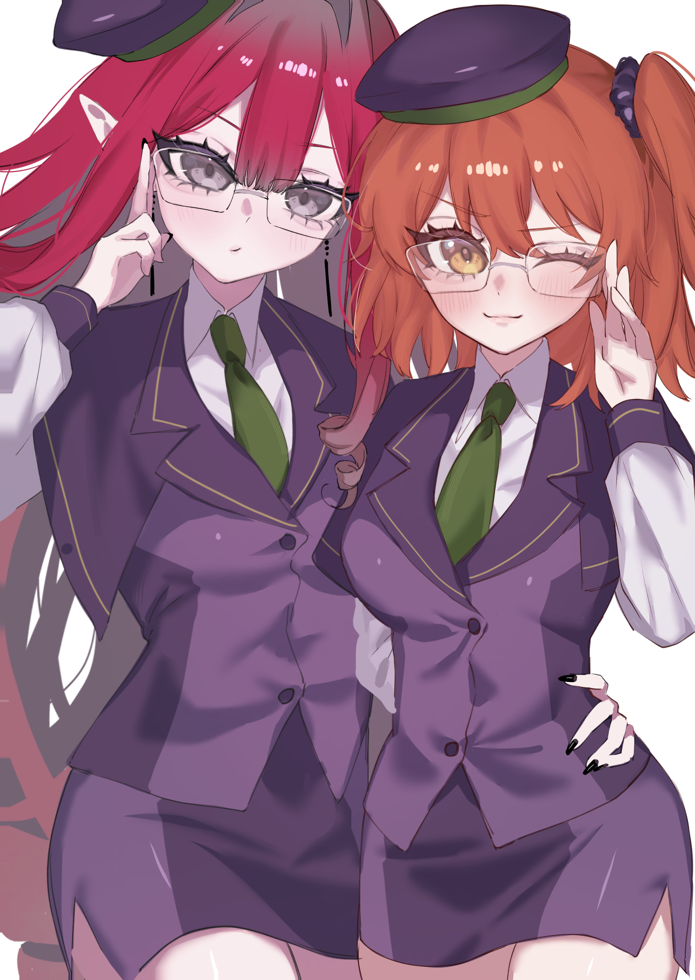 590kogure590, baobhan sith (fate), fujimaru ritsuka (female), fate/grand order, fate (series), highres, 2girls, atlas academy uniform, blush, breasts, earrings, glasses, grey eyes, hat, jewelry, long hair, looking at viewer, multiple girls, one eye closed, orange hair, pink hair, pointy ears, purple hat, short hair, side ponytail, sidelocks, smile, yellow eyes