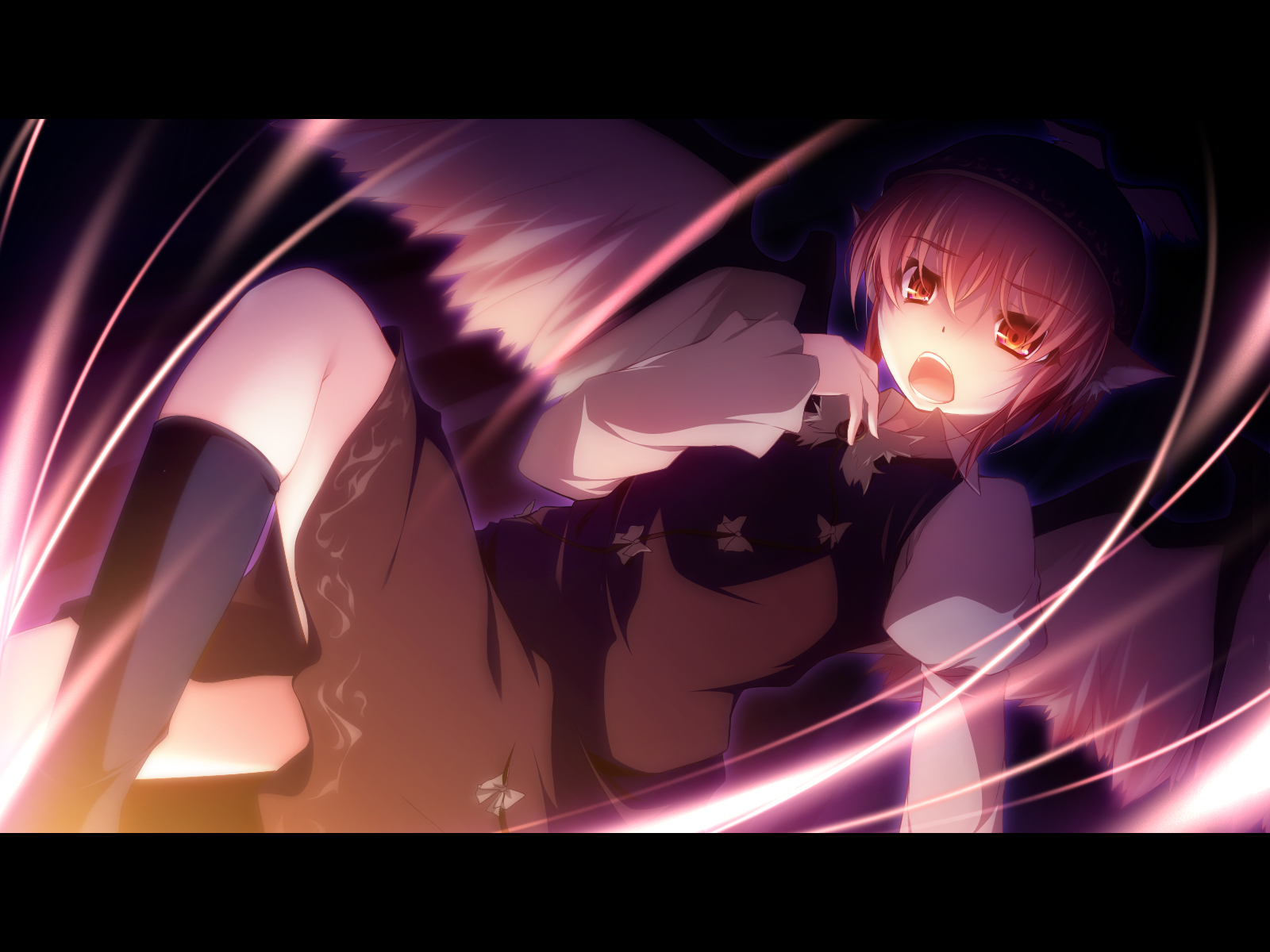 hinoeya kiuri, kazakura, mystia lorelei, touhou, highres, 1girl, animal ears, female focus, kneehighs, letterboxed, looking down, music, night, open mouth, orange eyes, pink hair, singing, socks, solo, wings