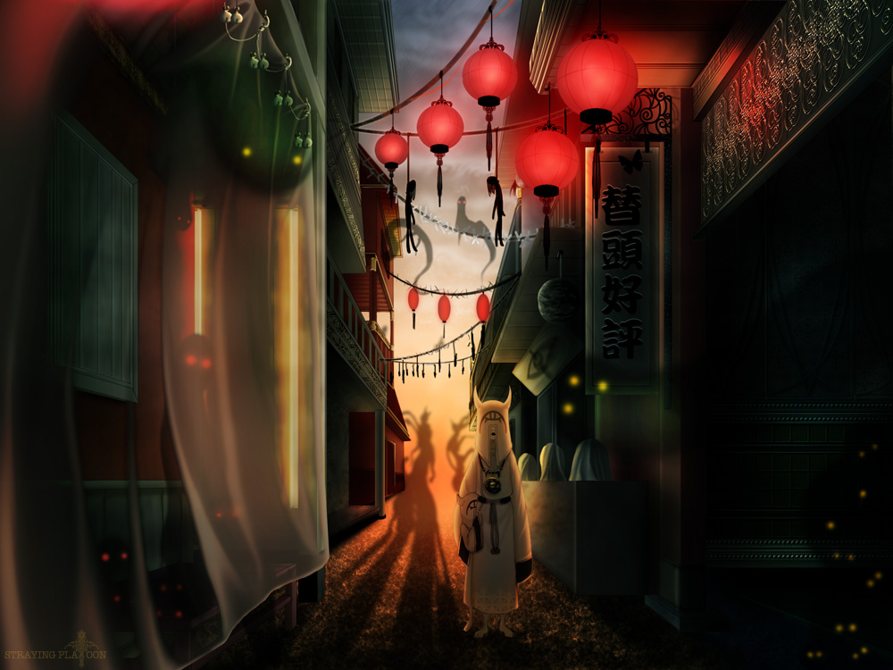 eris (straying platoon), alley, curtains, ghost, hanged, horns, japanese clothes, lantern, no humans, outdoors, paper lantern, robe, scenery, sunset, traditional youkai, veil