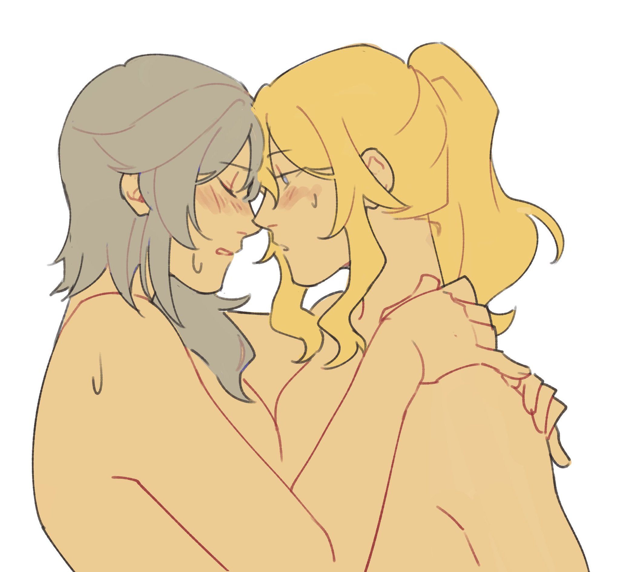 brocoliholy, eula (genshin impact), jean (genshin impact), genshin impact, archived source, commentary, highres, 2girls, arm up, blonde hair, blue hair, blue pupils, blush, breast press, breasts, closed eyes, completely nude, forehead-to-forehead, hand on another's shoulder, heads together, implied sex, looking at viewer, medium hair, multiple girls, nude, parted lips, ponytail, sidelocks, sweat, upper body, white background, yuri