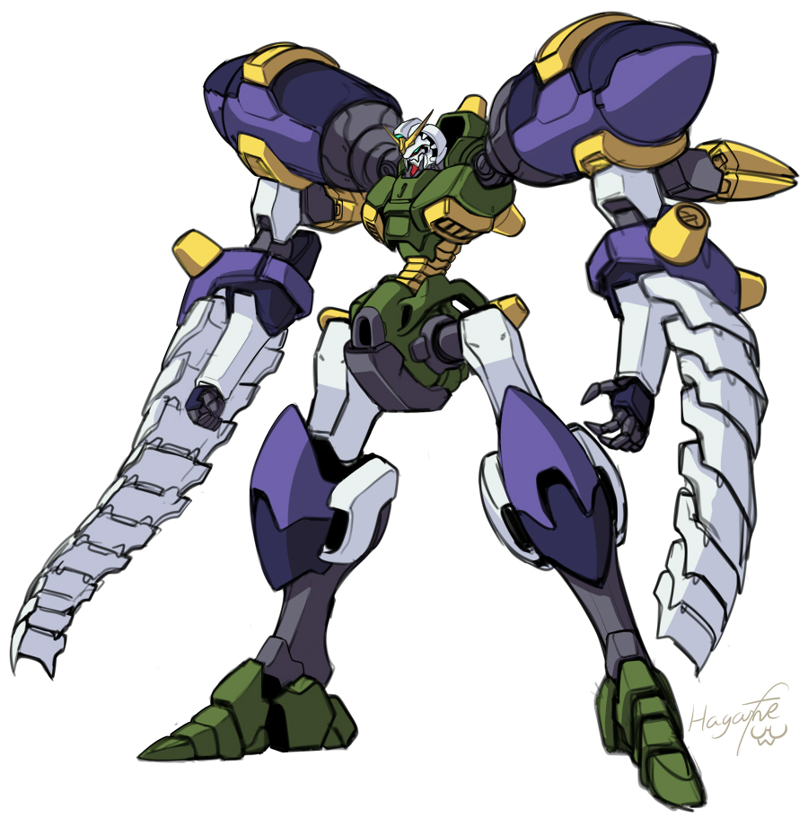 haganef, walter gundam, g gundam, gundam, commentary, alternate form, artist name, clawed hands, clenched hand, fang, full body, green eyes, joints, mecha, no humans, no pupils, robot, robot joints, science fiction, signature, simple background, solo, standing, tentacles, v-fin, white background