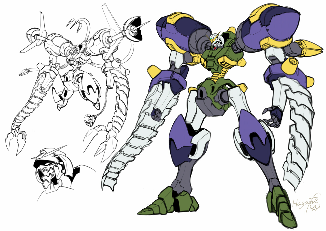 haganef, walter gundam, g gundam, gundam, commentary, alternate form, artist name, clawed hands, claws, clenched hand, energy beam, extendable limbs, full body, green eyes, hand fan, joints, mecha, no humans, no pupils, open mouth, robot, robot joints, science fiction, signature, simple background, solo, standing, tentacles, v-fin, white background, wrist extended