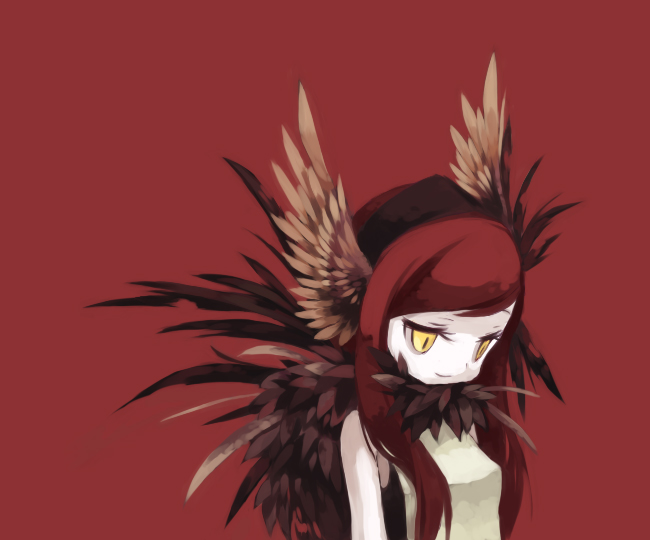 nakayokosotosoto, yokoe (mealtime), astarte, valkyrie (yggdra union), yggdra union, bad id, bad pixiv id, 1girl, female focus, head wings, monster girl, solo, valkyrie, wings, yellow eyes
