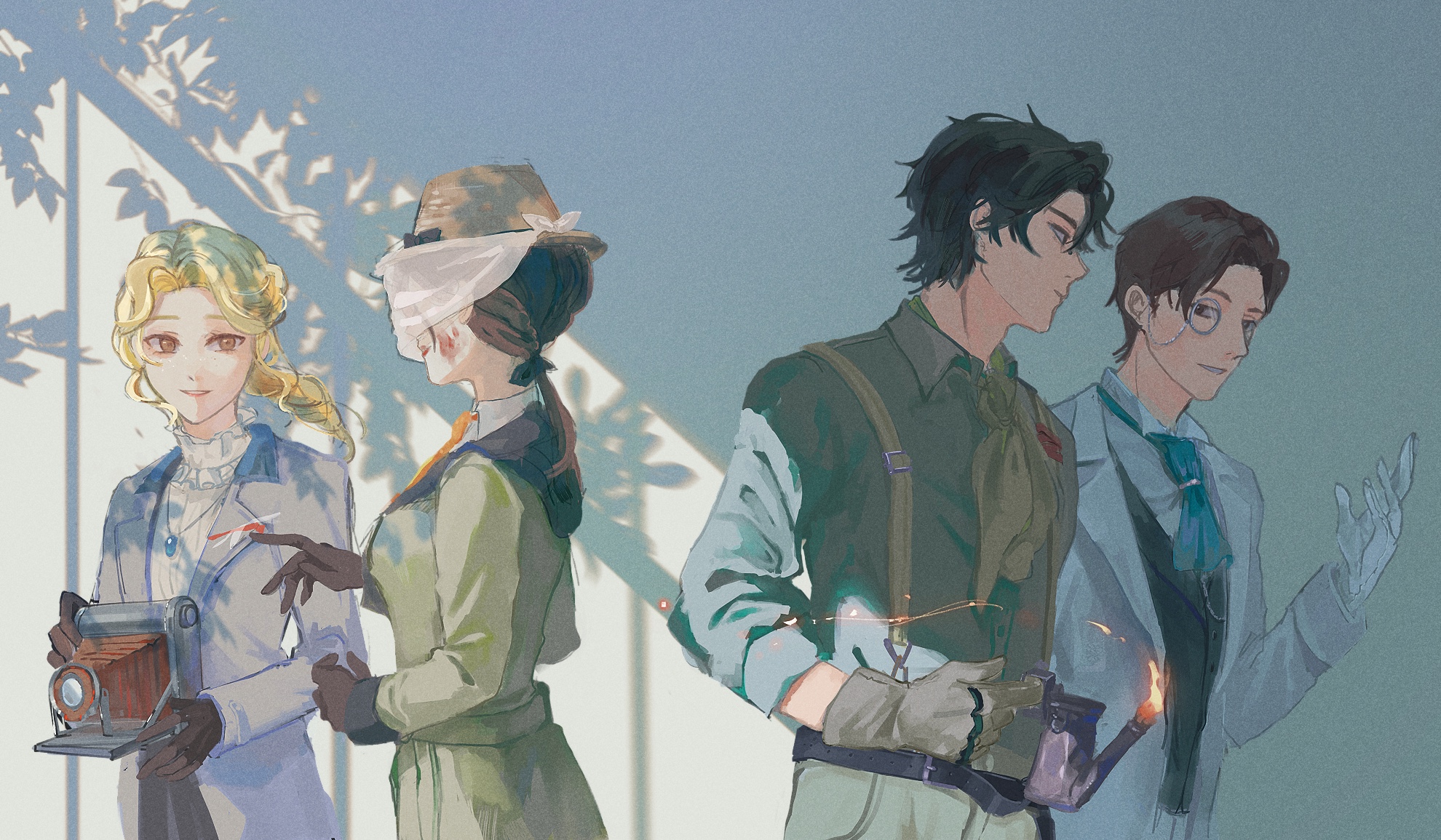 alice deross, melly plinius, norton campbell, orpheus (identity v), identity v, highres, 2boys, 2girls, ascot, belt, black belt, black gloves, black hair, black vest, blonde hair, brown eyes, camera, coat, collar, dappled sunlight, frilled collar, frills, gloves, green ascot, green coat, green gloves, green shirt, hair intakes, hat, holding, holding camera, jacket, jewelry, looking at another, low ponytail, monocle, multiple boys, multiple girls, necklace, necktie, obscured eyes, orange necktie, ponytail, scar, scar on face, shirt, smile, straw hat, sunlight, suspenders, tate mm, veil, vest, white gloves, white jacket, white shirt, white veil