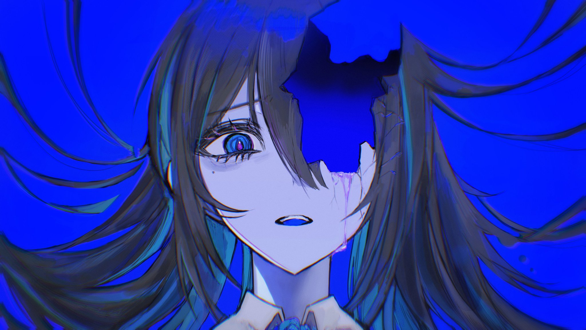 pao (i loxe u), chando (ado), ado (utaite), commentary, highres, 1girl, black hair, blue background, blue eyes, cracked skin, crumbling, floating hair, long hair, looking at viewer, marshmallow (vocaloid), open mouth, portrait, simple background, solo, teeth, upper teeth only, utaite