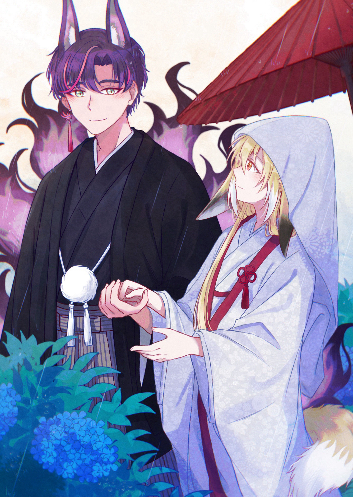 suzuran's father (arknights), vulpisfoglia (arknights), arknights, commentary request, highres, 1boy, 1girl, alternate costume, animal ear fluff, animal ears, asin-nya, black kimono, blonde hair, blue flower, closed mouth, cowboy shot, earrings, ears down, fingernails, flower, green eyes, hair between eyes, hair intakes, holding hands, husband and wife, japanese clothes, jewelry, kimono, long hair, long sleeves, looking at another, multicolored hair, multiple tails, oil-paper umbrella, orange eyes, pink hair, plant, pom pom (clothes), profile, purple hair, purple tail, shiromuku, short hair, single earring, smile, standing, streaked hair, tail, tassel, uchikake, umbrella, white background, white hair, white kimono, white tail, wide sleeves, yellow tail