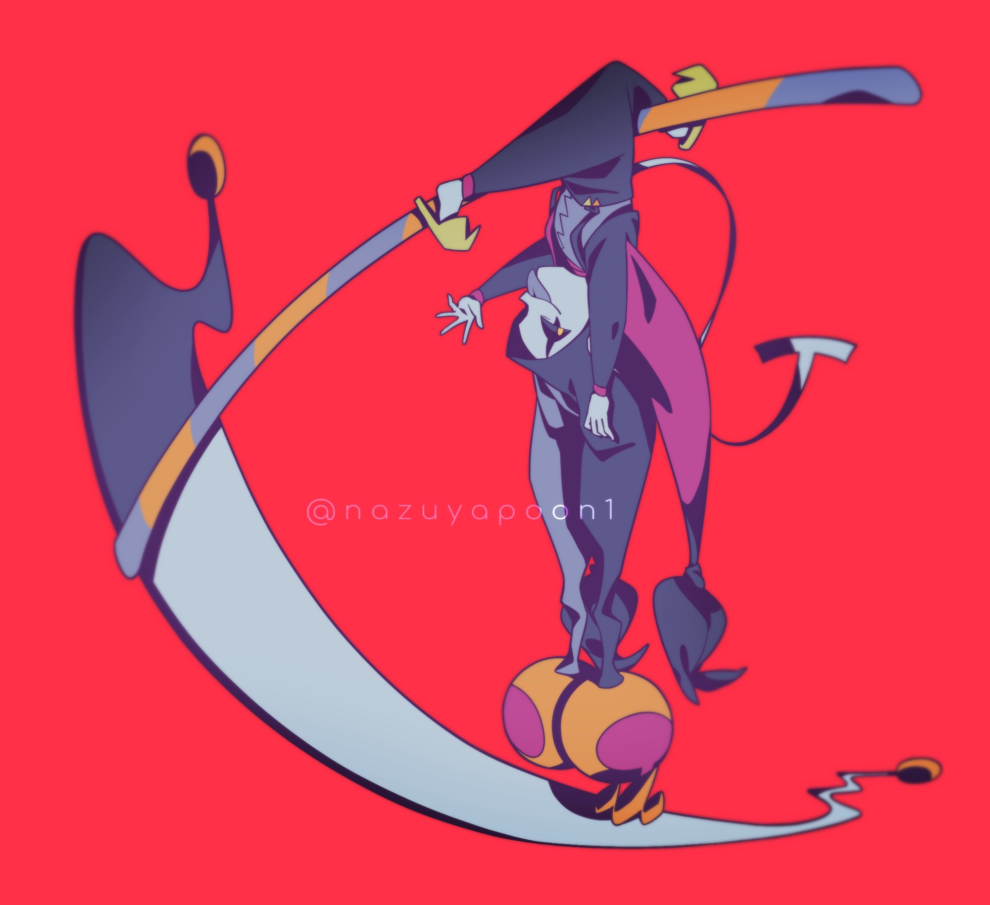 guuchama, jevil, deltarune, utdr (toby fox), highres, 1boy, black pants, black sclera, colored sclera, colored teeth, full body, grey shirt, hat, holding, holding scythe, jester cap, male focus, open mouth, pants, red background, scythe, shirt, shoes, solo, suspenders, tail, twitter username, upside-down, yellow eyes, yellow shoes, yellow teeth