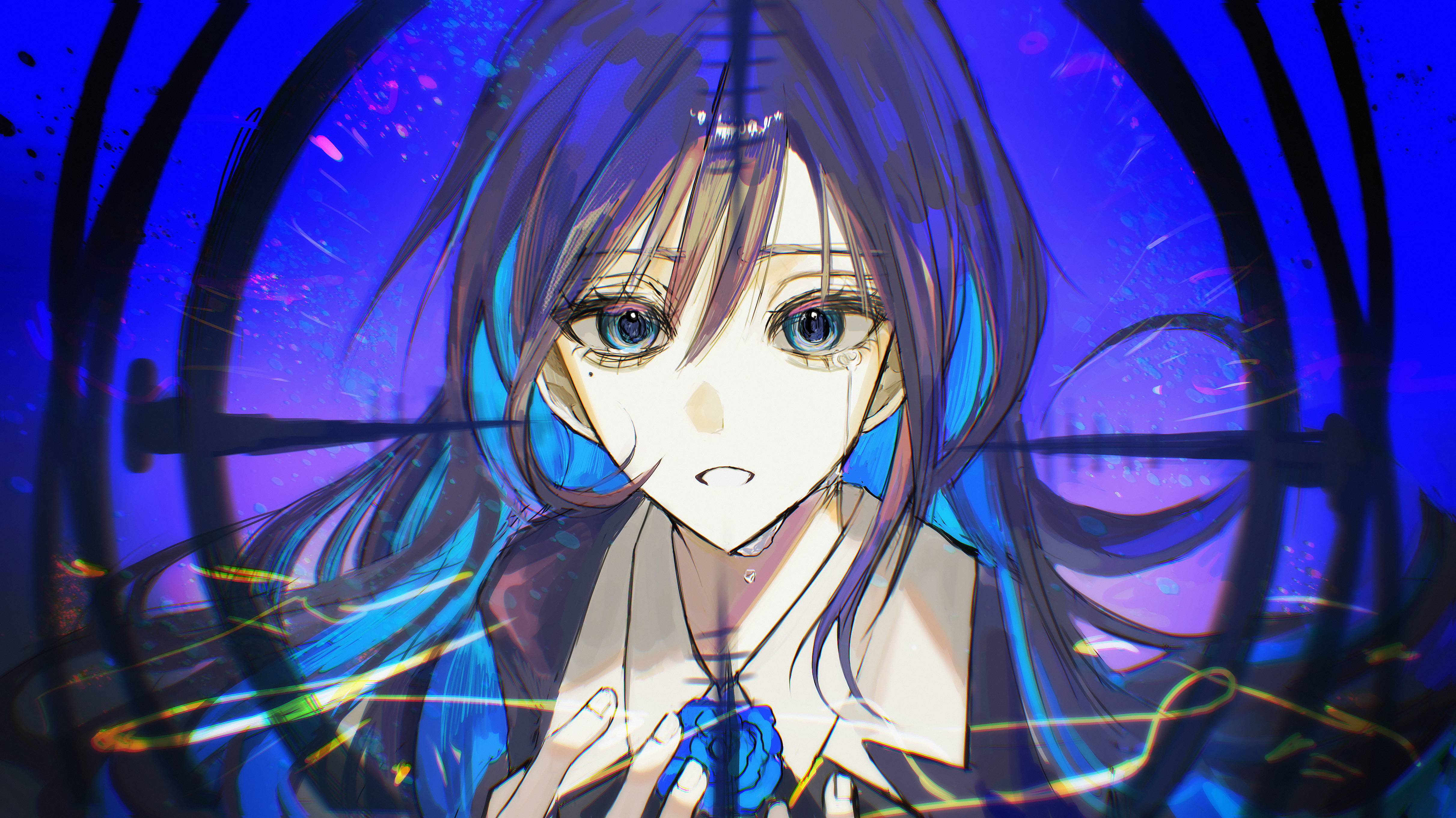 pao (i loxe u), chando (ado), ado (utaite), hibana (vocaloid), absurdres, commentary, highres, 1girl, black hair, blue hair, colored inner hair, crosshair, crying, crying with eyes open, hair between eyes, long hair, looking at viewer, mole, mole under eye, multicolored hair, open mouth, solo, tears, upper body, utaite