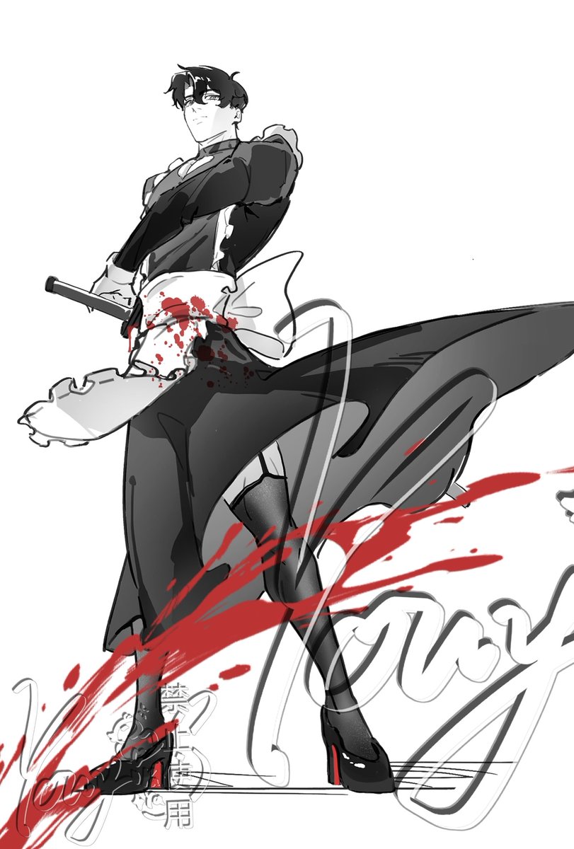 youyi494050, yoo joonghyuk, omniscient reader's viewpoint, highres, 1boy, :|, apron, back bow, black dress, black eyes, black hair, black thighhighs, blood, blood on clothes, blood splatter, bow, closed mouth, dress, full body, high heels, holding, holding sword, holding weapon, looking at viewer, maid, maid apron, serious, sheath, short hair, solo, standing, sword, thighhighs, unsheathing, weapon, zettai ryouiki