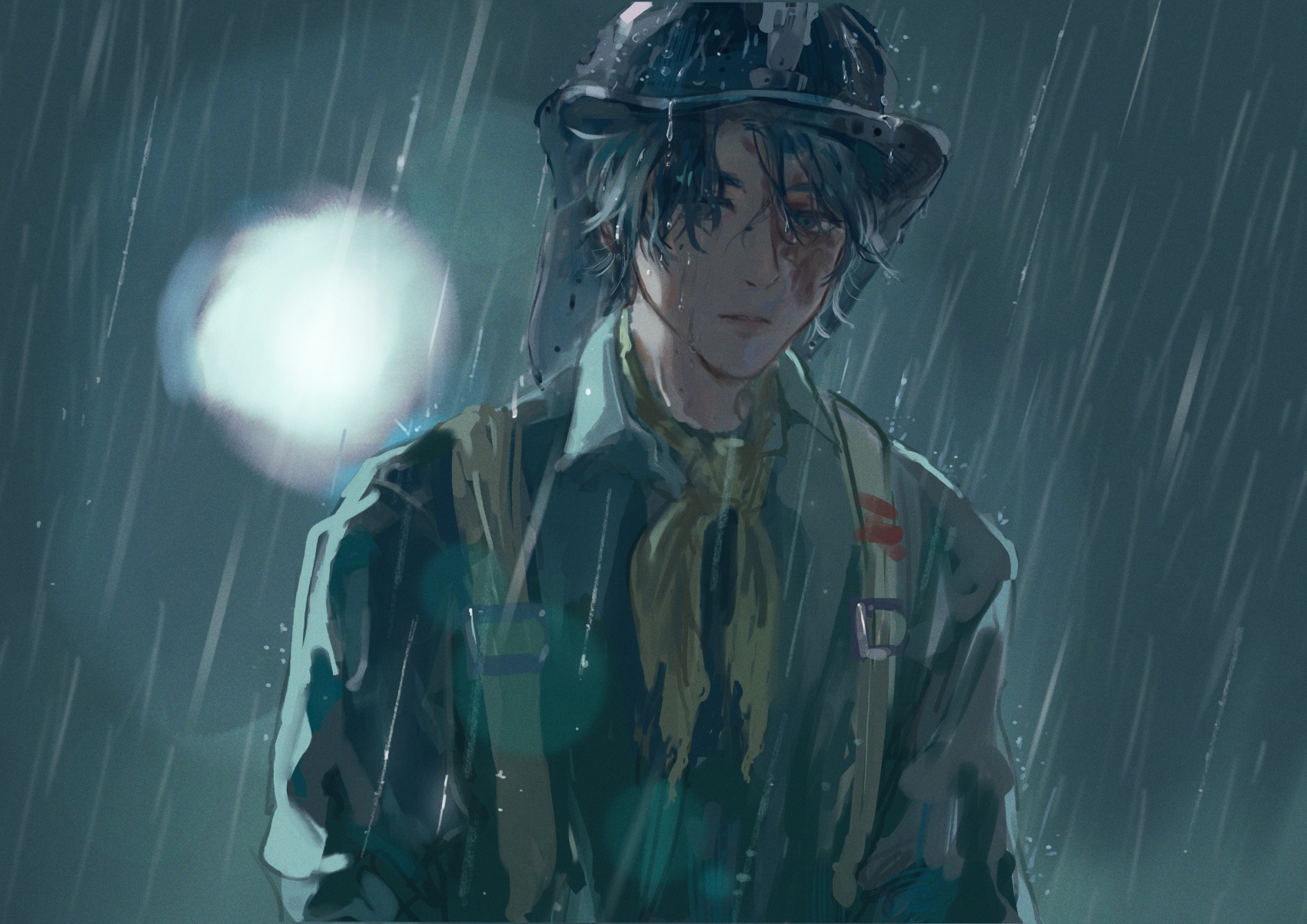 norton campbell, identity v, highres, 1boy, ascot, backlighting, black hair, bridge piercing, expressionless, face piercing, green shirt, looking afar, male focus, parted lips, piercing, rain, scar, scar across eye, scar on face, shirt, short hair, suspenders, tate mm, yellow ascot