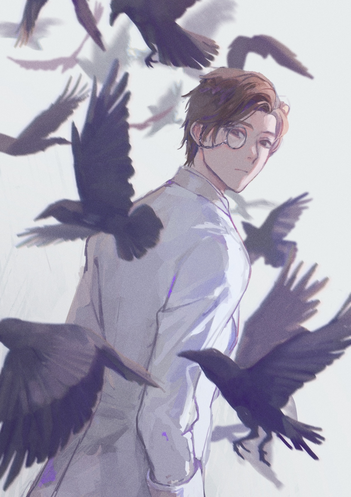 orpheus (identity v), identity v, highres, 1boy, bird, brown eyes, brown hair, crow, expressionless, hair slicked back, jacket, looking at viewer, looking back, male focus, monocle, tate mm, white background, white jacket
