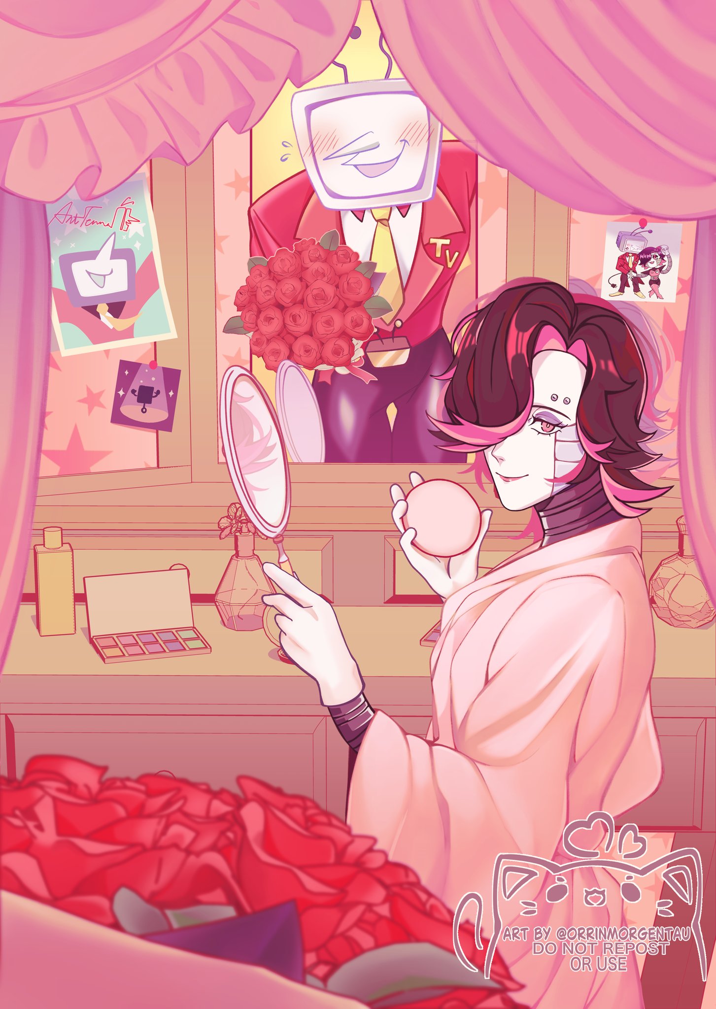 ant tenna, mettaton, mettaton ex, deltarune, undertale, utdr (toby fox), commentary, english commentary, highres, 2boys, belt buckle, black hair, black pants, blush, bottle, bouquet, buckle, clothed robot, collared shirt, colored inner hair, crt, curtains, flower, flying sweatdrops, gloves, holding, holding mirror, humanoid robot, indoors, makeup palette, male focus, mechanical arms, mirror, multicolored hair, multiple boys, necktie, object head, orrinmorgentau, pants, perfume bottle, photo (object), pink eyes, pointy nose, radio antenna, red flower, red rose, robe, robot, rose, shirt, short hair, smile, tailcoat, twitter username, two-tone hair, white gloves, white robe, white shirt, yellow necktie