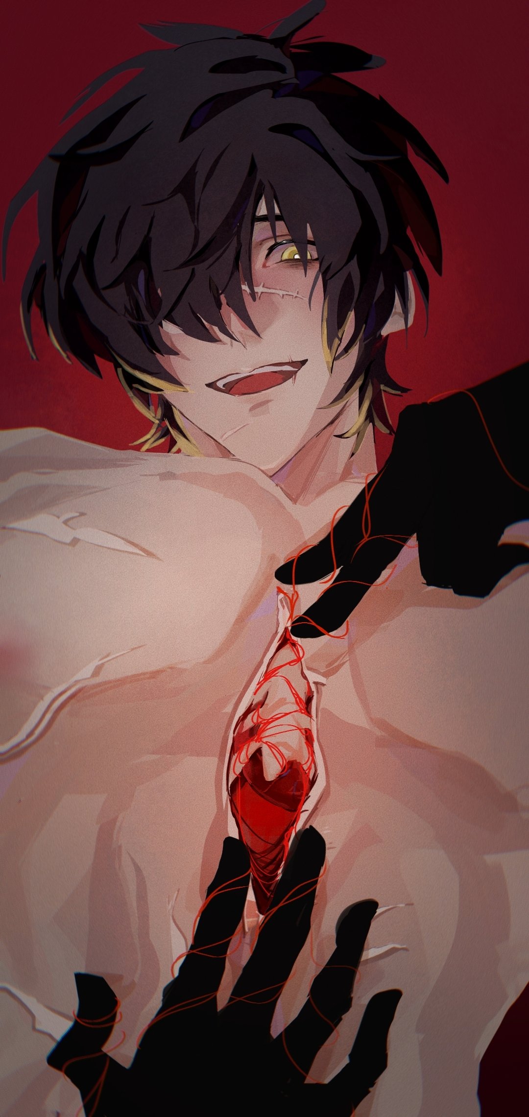 youyi494050, towa (slow damage), slow damage, character request, check character, highres, 1boy, black gloves, black hair, exposed bone, exposed muscle, gloves, hair over one eye, hole in chest, hole on body, male focus, no shirt, open mouth, pectorals, puppet strings, scar, scar on chest, scar on face, self-harm, short hair, solo, stomach, string, string of fate, upper body, yellow eyes