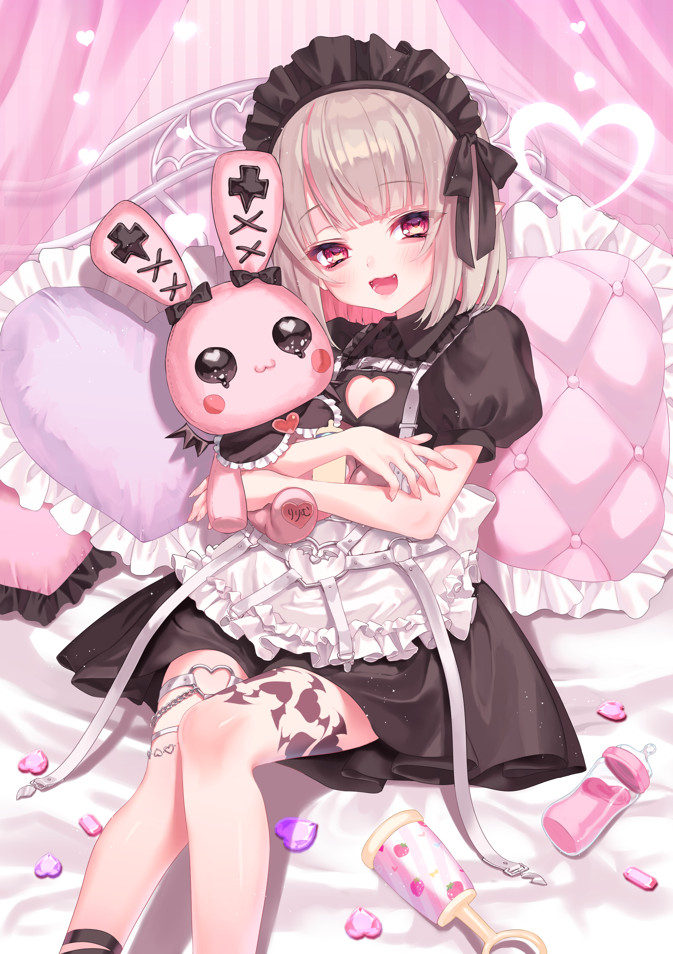 yuiitsu, makaino ririmu, makaino ririmu (5th costume), nijisanji, absurdres, highres, 1girl, apron, baby bottle, bottle, chest harness, clothing cutout, fang, flat chest, grey hair, harness, heart, heart cutout, heart tattoo, leg tattoo, looking at viewer, maid, maid headdress, multicolored hair, on bed, open mouth, pink hair, pointy ears, rattle, red eyes, short hair, sitting, smile, solo, stuffed animal, stuffed rabbit, stuffed toy, tattoo, two-tone hair, virtual youtuber