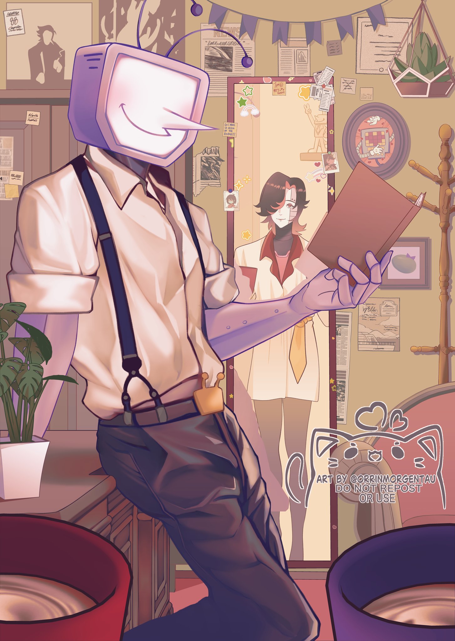 ant tenna, mettaton, mettaton ex, deltarune, undertale, utdr (toby fox), commentary, commentary request, english commentary, highres, 2boys, belt, belt buckle, black belt, black hair, black pants, book, buckle, clothed robot, clothes hanger, collared shirt, colored inner hair, couch, crt, cup, desk, hanging plant, holding, holding book, holding cup, humanoid robot, indoors, long nose, male focus, mirror, multicolored hair, multiple boys, object head, orrinmorgentau, pants, picture frame, plant, pointy nose, potted plant, radio antenna, reflection, robot, shirt, short hair, smile, standing, suspenders, twitter username, two-tone hair, white shirt