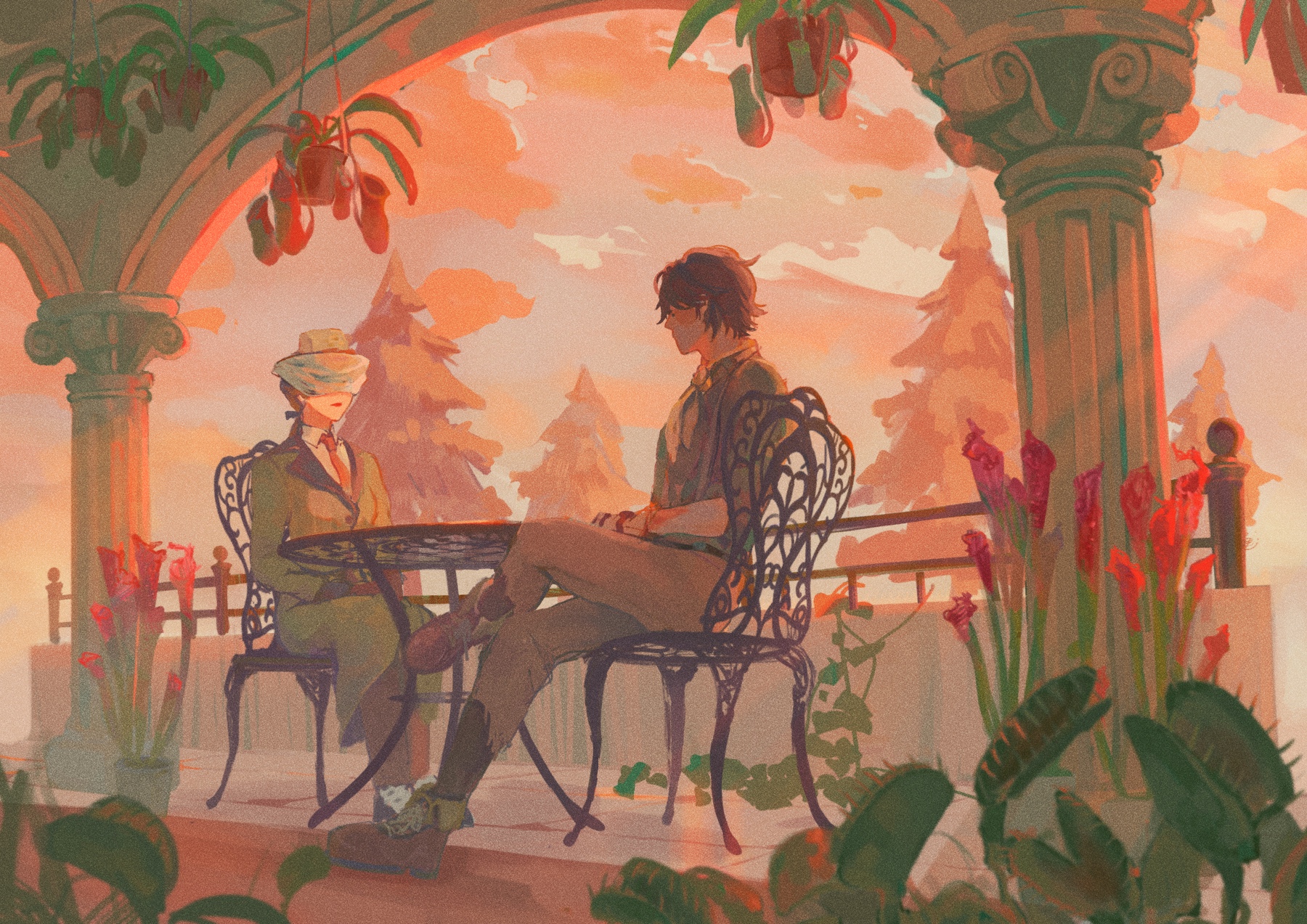 melly plinius, norton campbell, identity v, flower request, highres, plant request, 1boy, 1girl, arch, ascot, black hair, boots, brown boots, brown hair, brown pants, carnivorous plant, chair, coat, column, covered eyes, crossed legs, evening, faceless, faceless male, facing another, flower, flower pot, green coat, green shirt, hanging plant, light rays, looking at another, low ponytail, necktie, orange necktie, pants, pillar, pine tree, pitcher plant, plant, ponytail, potted plant, scenery, shirt, sitting, stone pillar, sunlight, tate mm, tree, veil, venus flytrap, white veil, yellow ascot