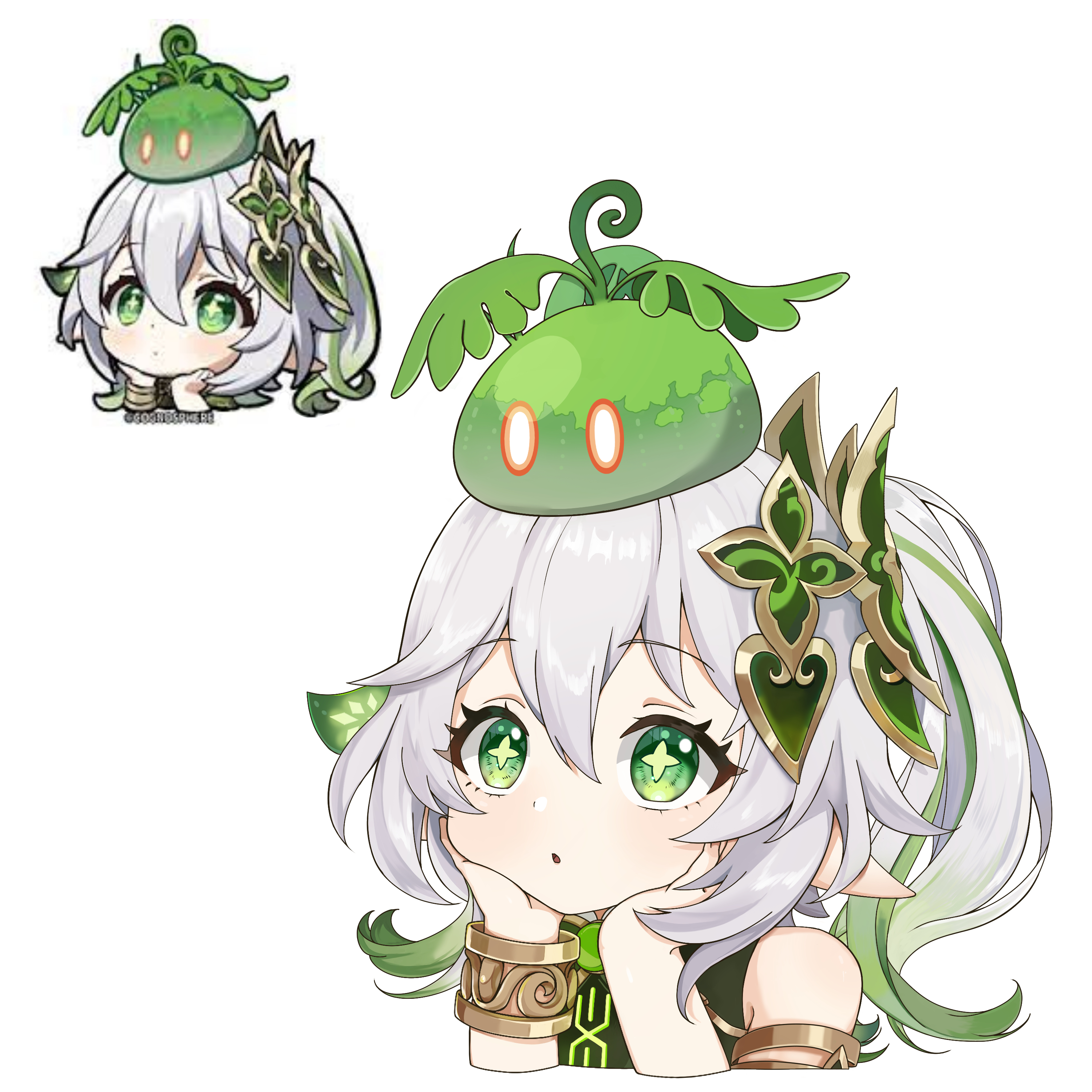 popopo 84, dendro slime (genshin impact), nahida (genshin impact), slime (genshin impact), genshin impact, absurdres, commentary request, highres, 1girl, :o, animal, animal on head, bare shoulders, bracelet, genshin impact sticker redraw (meme), gradient hair, green eyes, green hair, hair between eyes, hair ornament, head rest, jewelry, leaf hair ornament, long hair, meme, multicolored hair, official art inset, on head, pointy ears, side ponytail, sleeveless, solo, star-shaped pupils, star (symbol), symbol-shaped pupils, white background, white hair