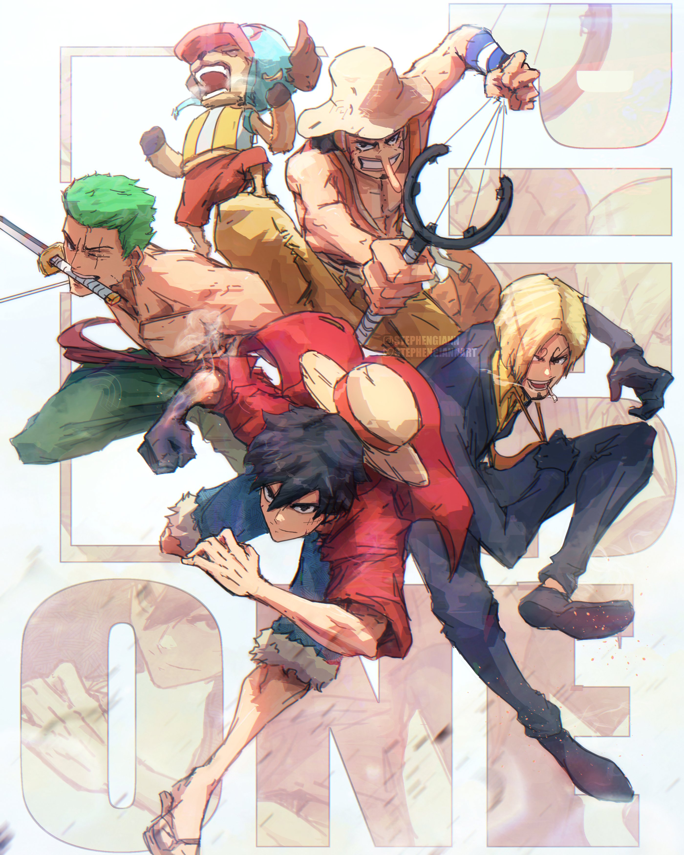 stephengiannart, monkey d. luffy, roronoa zoro, sanji (one piece), tony tony chopper, usopp, one piece, absurdres, commentary, highres, 5boys, antlers, bag, black hair, black suit, blonde hair, blue shorts, cigarette, copyright name, earrings, facial hair, formal clothes, full body, goatee, green hair, haki (one piece), hat, headphones, horns, incoming attack, instagram logo, instagram username, jewelry, long nose, multiple boys, necktie, one eye closed, red shirt, reindeer antlers, sandals, satchel, scar, scar across eye, scar on face, shirt, short hair, shorts, smile, straw hat, straw hat pirates, suit, suspenders, topless male, twitter logo, twitter username, weapon in mouth, yellow shirt