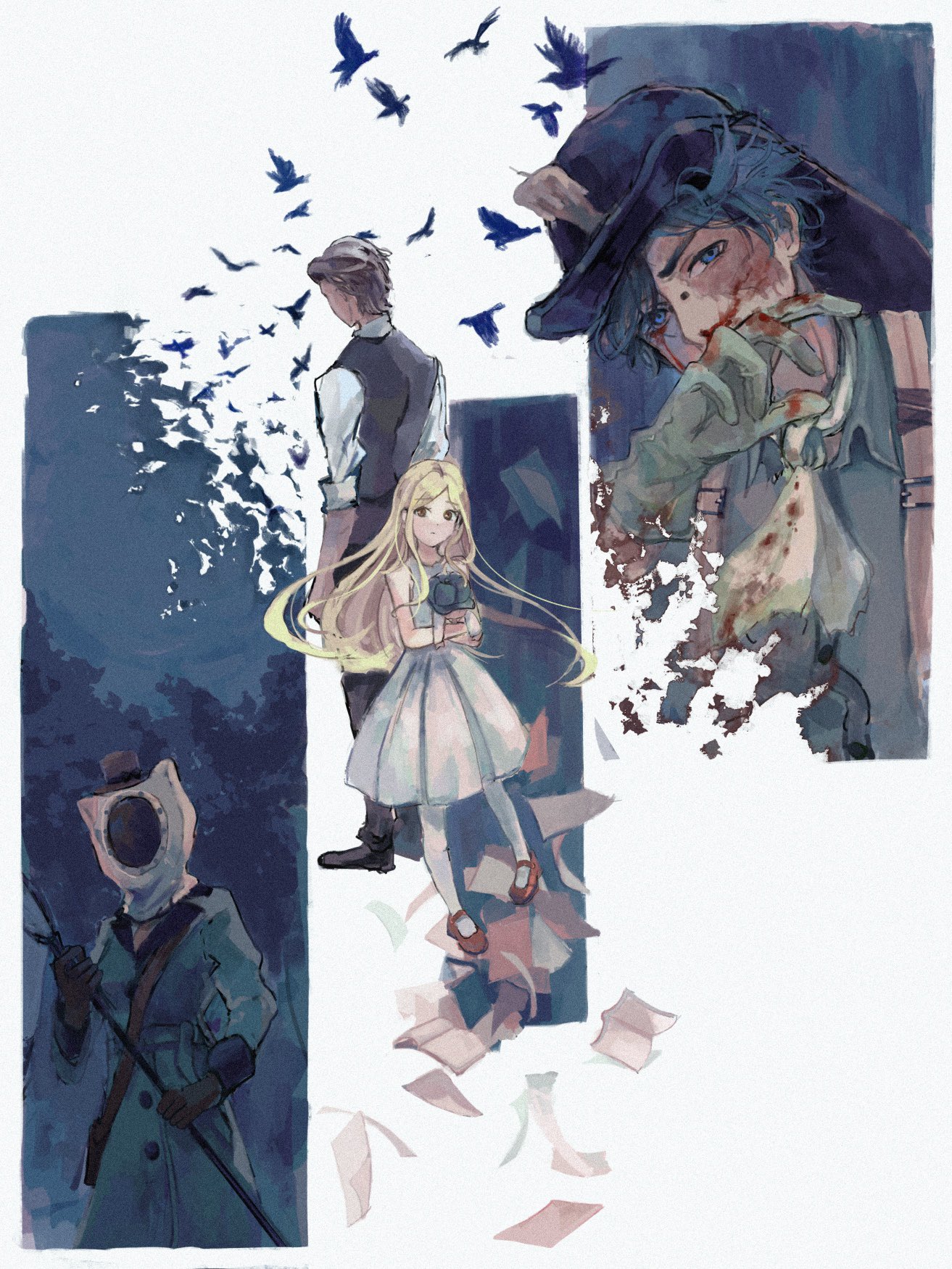 melly plinius, memory (identity v), norton campbell, orpheus (identity v), identity v, highres, 2boys, 2girls, ascot, beekeeping hat, bird, black hair, black vest, blonde hair, blood, blood on clothes, blood on face, blue eyes, book, brown eyes, brown gloves, butterfly net, candle, coat, crow, dress, fedora, floating hair, gloves, green coat, green gloves, hand net, hat, injury, long hair, looking at viewer, mary janes, mask, multiple boys, multiple girls, nosebleed, pantyhose, paper, red shoes, scar, scar across eye, scar on face, shoes, suspenders, tate mm, vest, white dress, white pantyhose, wiping blood, yellow ascot