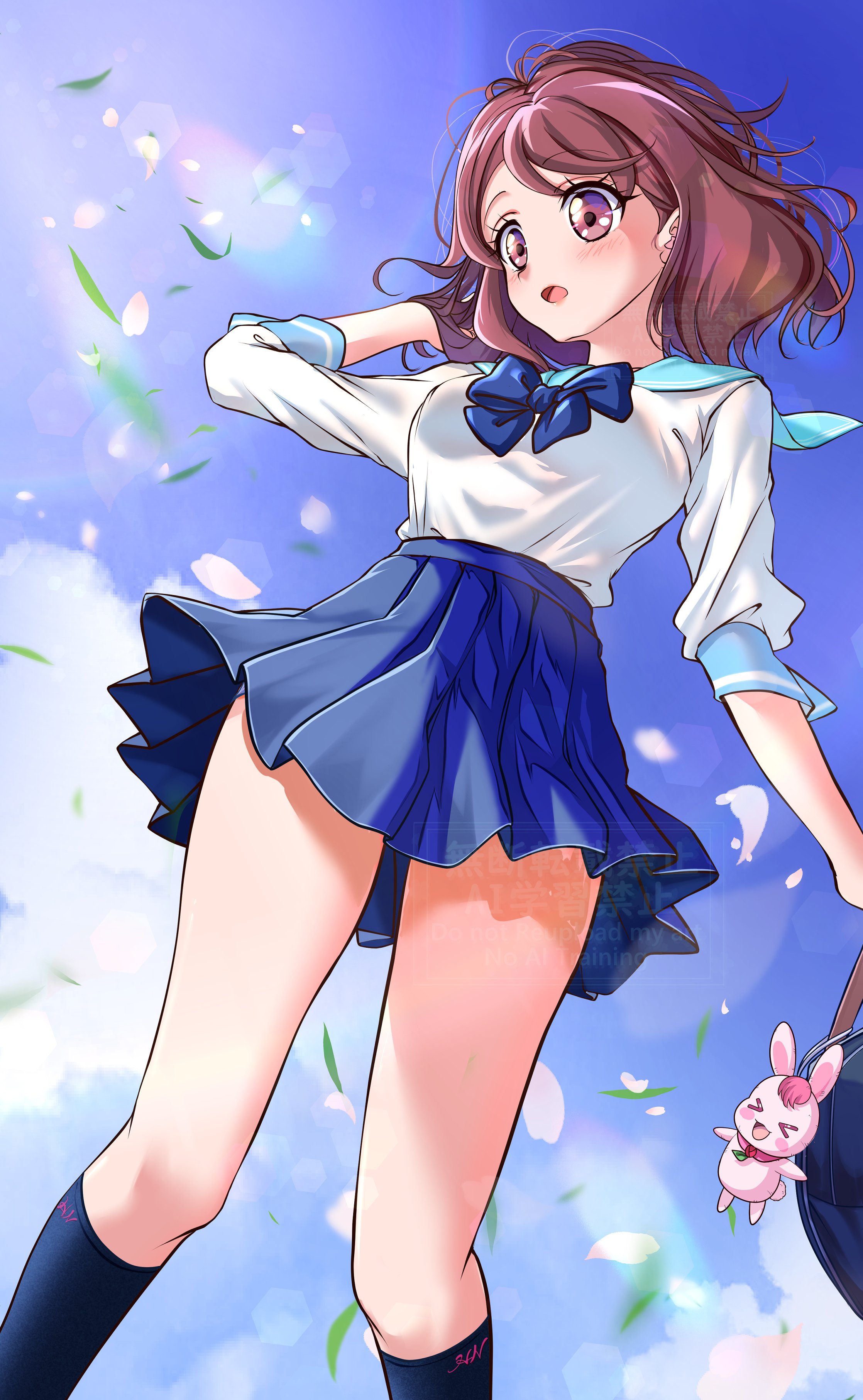 kakikakilemon, hanadera nodoka, rabirin (precure), healin' good precure, precure, absurdres, highres, 1girl, 1other, blue sailor collar, blue sky, blue socks, breasts, brown hair, day, flower, hair flower, hair ornament, hairclip, long sleeves, looking afar, looking at viewer, medium breasts, open mouth, pink eyes, rabbit, sailor collar, school uniform, short hair, sky, smile, socks, sunlight, wind