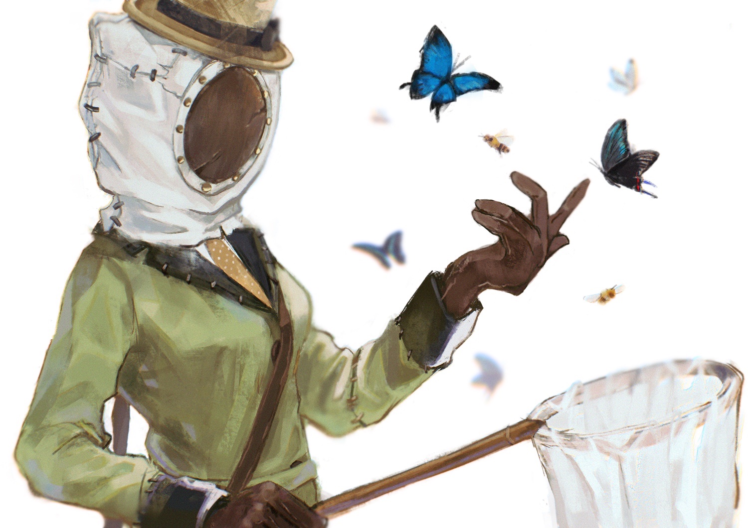 melly plinius, identity v, 1girl, bee, beekeeping hat, blue butterfly, brown gloves, bug, butterfly, butterfly net, covered face, fedora, gloves, green jacket, hand net, hat, insect, jacket, lapels, necktie, orange necktie, stitched clothes, tate mm, white background