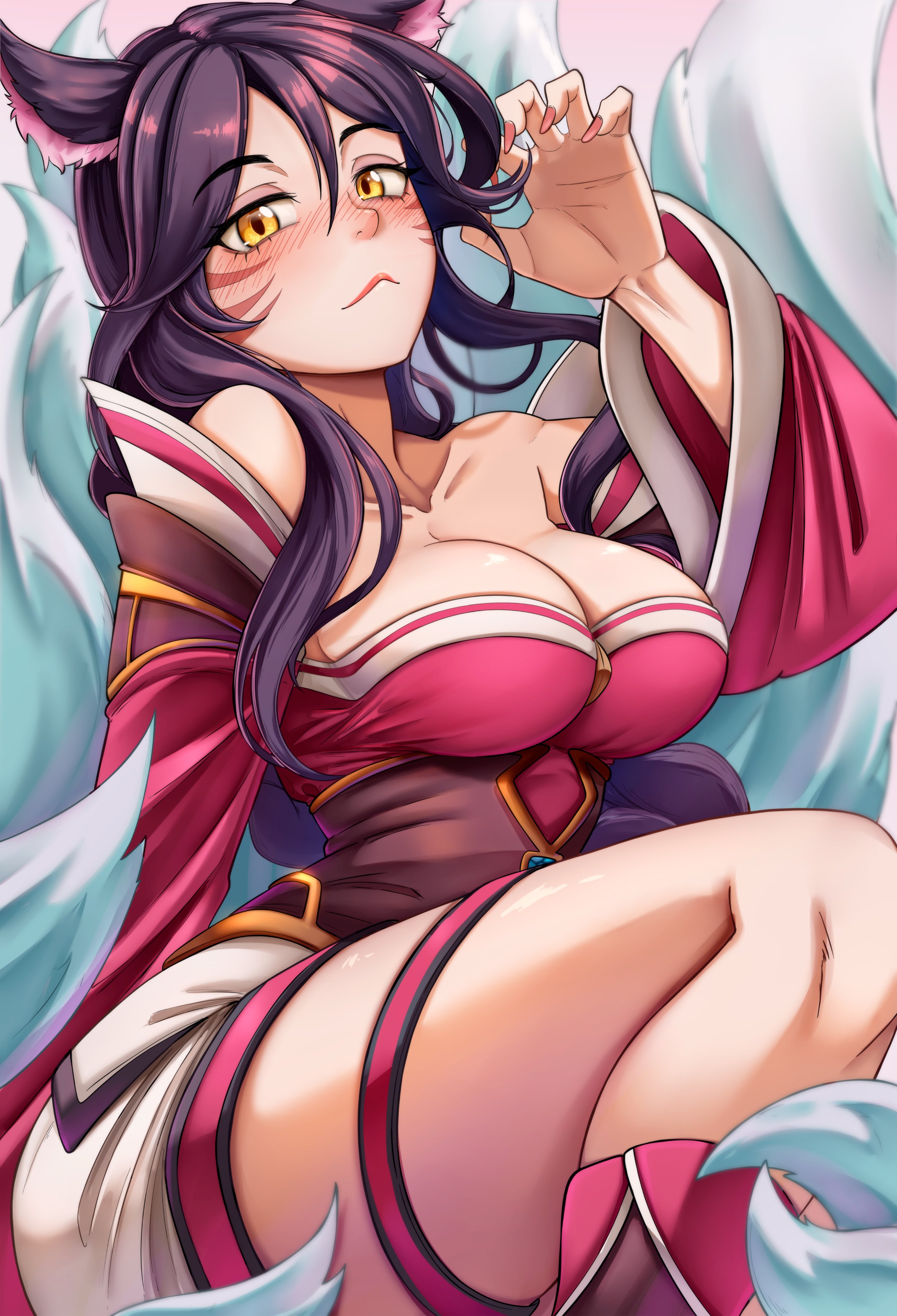 dilan griz, ahri (league of legends), league of legends, absurdres, commentary, english commentary, highres, 1girl, animal ear fluff, animal ears, bare shoulders, black hair, blush, breasts, cleavage, closed mouth, collarbone, cowboy shot, double-parted bangs, facial mark, fingernails, fox ears, fox girl, fox tail, hair between eyes, japanese clothes, kimono, large breasts, long hair, long sleeves, looking at viewer, multiple tails, red kimono, sitting, solo, tail, thighs, whisker markings, wide sleeves, yellow eyes