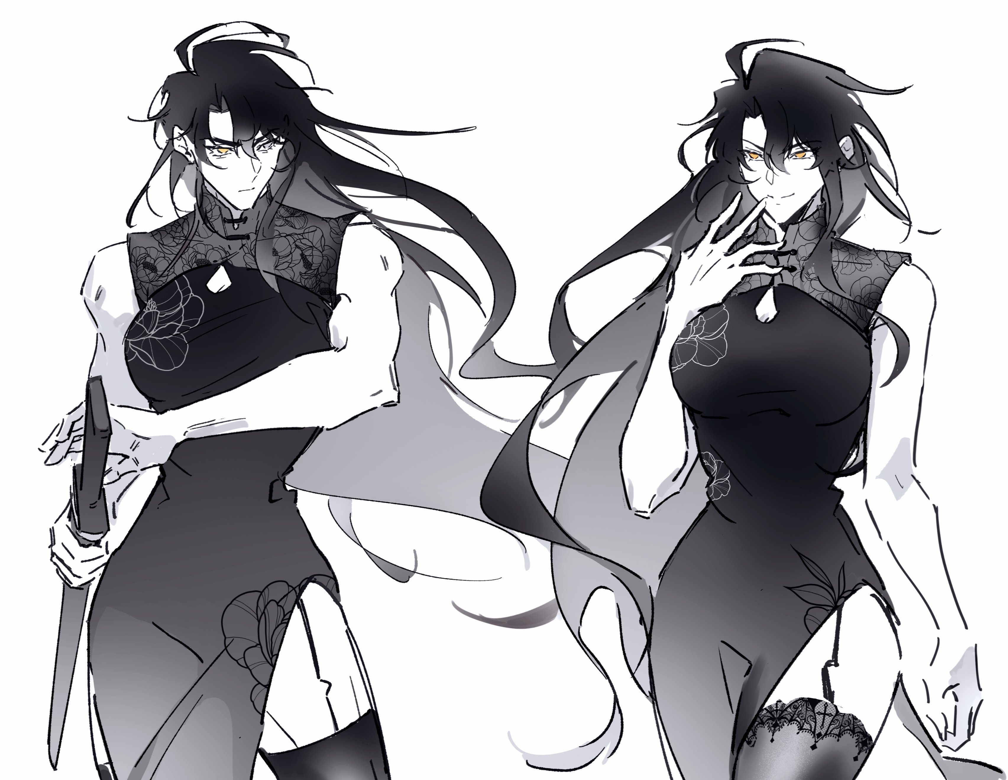 youyi494050, yoo joonghyuk, omniscient reader's viewpoint, absurdres, highres, 2girls, above-cleavage cutout, black dress, black hair, black thighhighs, breasts, clothing cutout, cowboy shot, dress, finger to mouth, genderswap, genderswap (mtf), hair flowing over, halter dress, halterneck, lace, long hair, looking at another, matching outfits, multiple boys, multiple girls, namgung minyoung, official alternate costume, scabbard, sheath, side slit, smirk, teacher and student, thighhighs, toned, toned female, unsheathing, very long hair, wind, wind lift, yellow eyes, zettai ryouiki