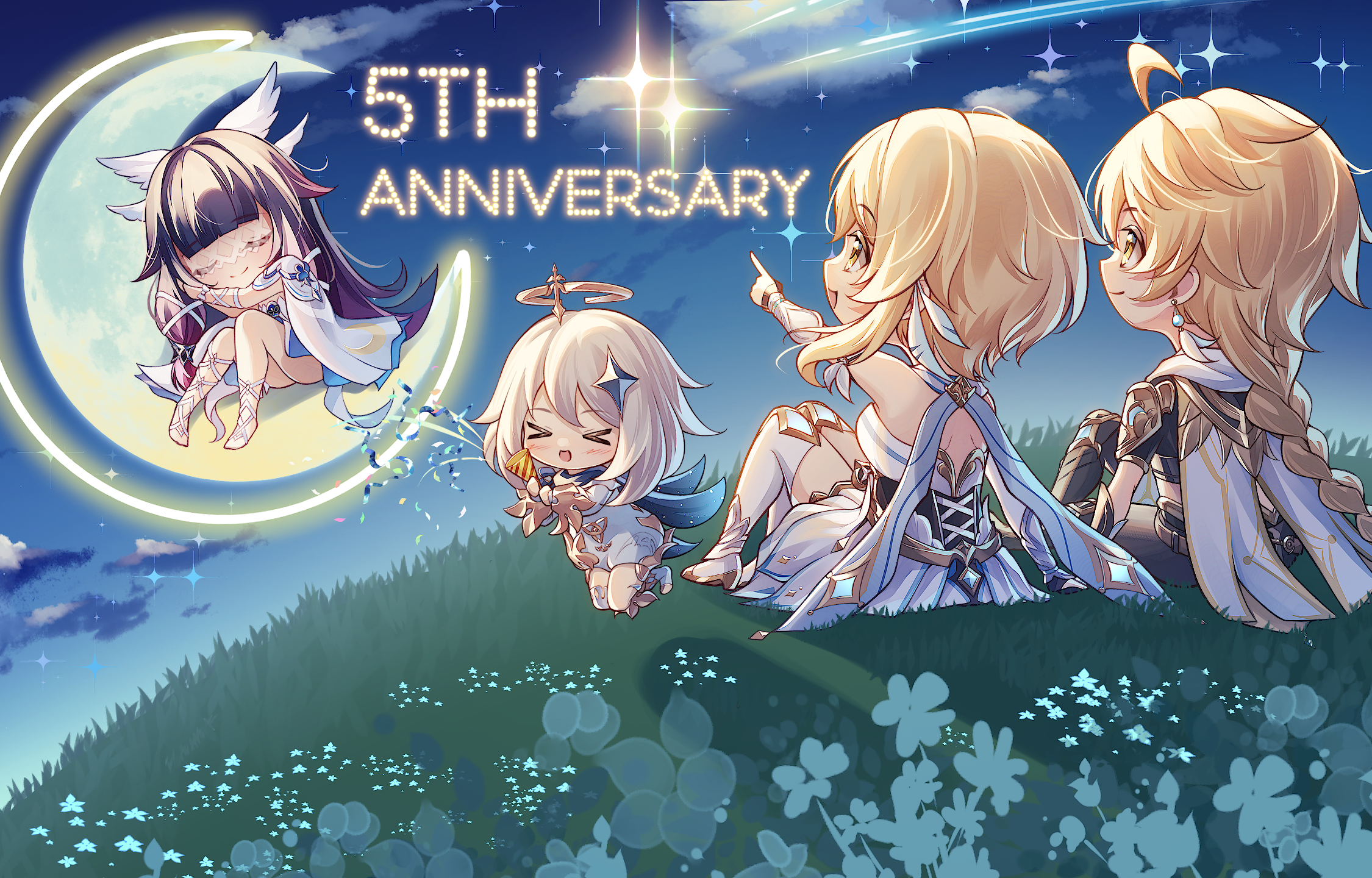 yuno kaihara, aether (genshin impact), columbina (genshin impact), lumine (genshin impact), paimon (genshin impact), genshin impact, commentary request, highres, > <, 1boy, 3girls, ahoge, bare shoulders, black hair, blonde hair, boots, braid, braided ponytail, brother and sister, brown shirt, chibi, chibi only, closed eyes, crescent moon, crystal hair ornament, dress, earrings, eye mask, feather hair ornament, feathers, from behind, hair ornament, halo, head wings, holding, holding party popper, jewelry, knee up, knees up, long hair, mask, moon, multiple girls, night, night sky, on grass, open mouth, outdoors, party popper, pointing, romper, scarf, shirt, shooting star, short hair with long locks, siblings, single braid, single earring, sitting, sky, sleeping, smile, thigh boots, very long hair, white boots, white dress, white hair, white mask, white romper, white scarf, wings, yellow eyes