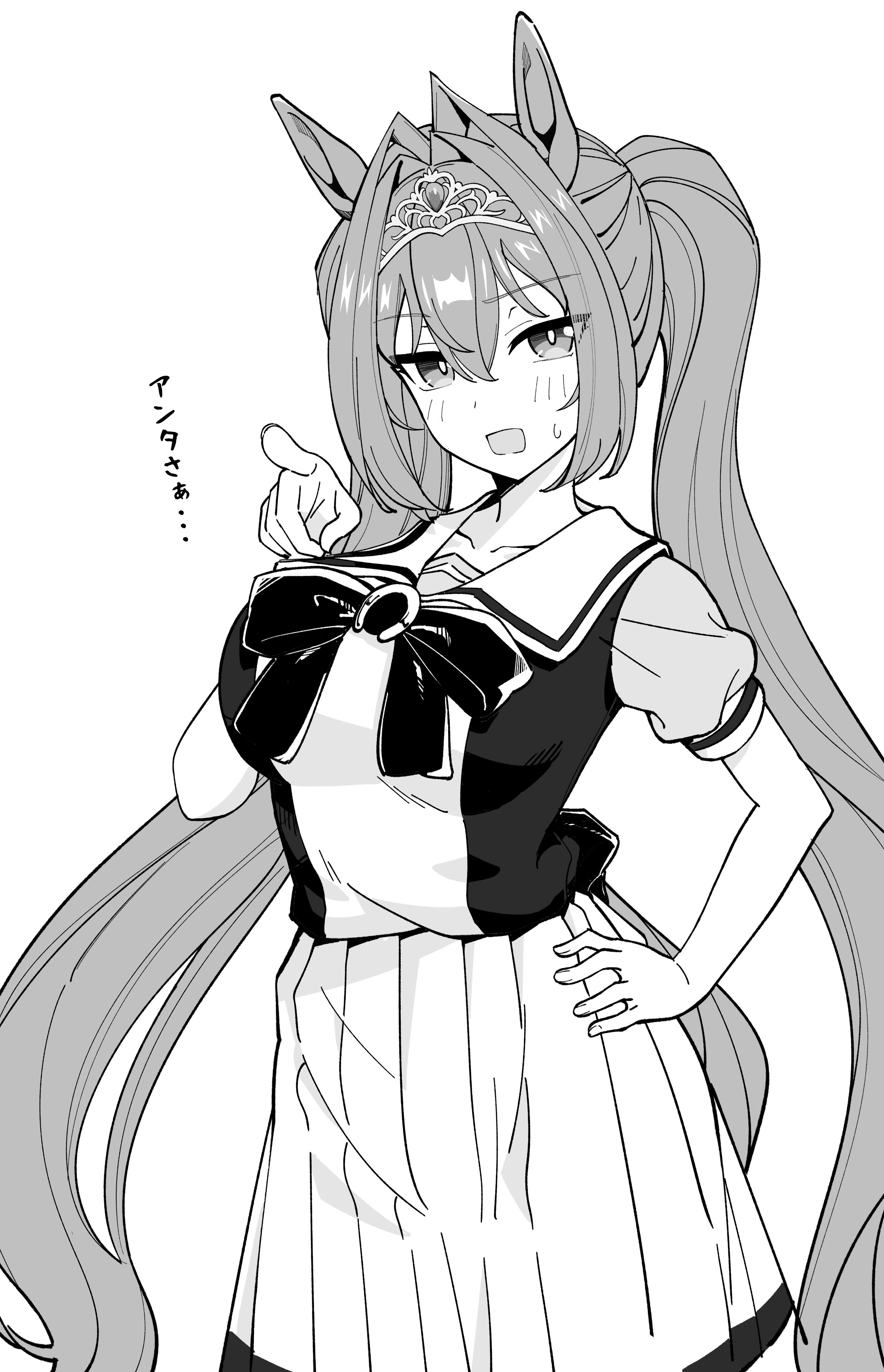 oxymoron 0213, daiwa scarlet (umamusume), umamusume, absurdres, highres, 1girl, animal ears, bow, breasts, greyscale, hair between eyes, hair intakes, horse ears, horse girl, horse tail, large breasts, long hair, looking at viewer, monochrome, open mouth, pleated skirt, pointing, pointing at viewer, puffy short sleeves, puffy sleeves, sailor collar, sailor shirt, school uniform, shirt, short sleeves, simple background, skirt, solo, sweatdrop, tail, tiara, tracen school uniform, twintails, very long hair, white background
