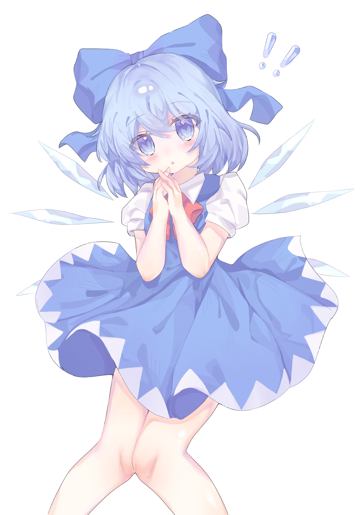 cirno, touhou, commentary, highres, !, !!, 1girl, :o, apple (nhaa4582), bare arms, bare legs, blue bow, blue dress, blue eyes, blue hair, blush, bow, dress, fairy, feet out of frame, hair bow, heart, heart in eye, ice, ice wings, knees together feet apart, looking at viewer, multiple wings, neck ribbon, own hands together, pinafore dress, red ribbon, ribbon, shirt, short sleeves, simple background, sleeveless, sleeveless dress, solo, symbol in eye, white background, white shirt, wings