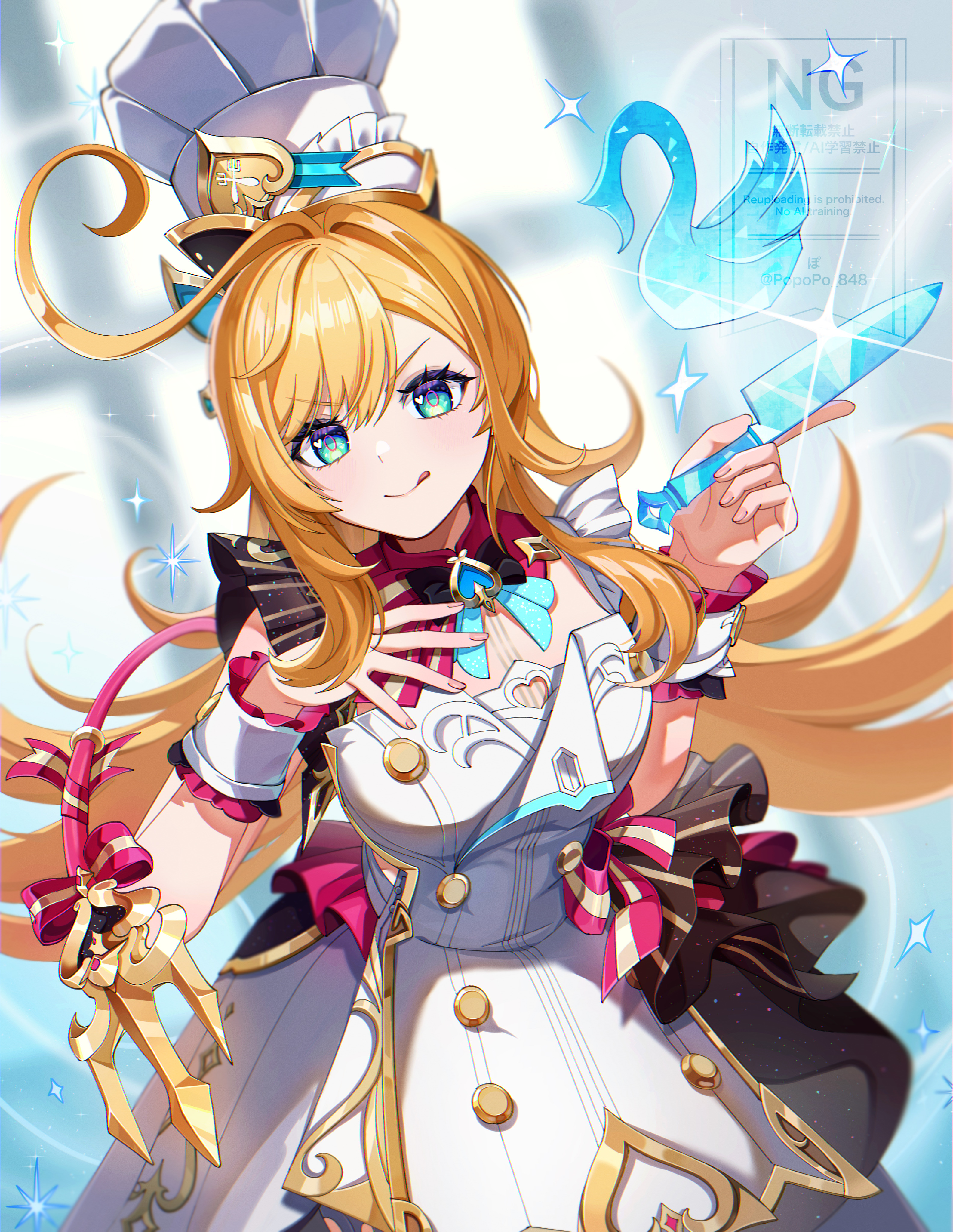 popopo 84, escoffier (genshin impact), genshin impact, absurdres, commentary request, highres, partial commentary, 1girl, :q, ahoge, blonde hair, blue eyes, breasts, chef hat, closed mouth, fingernails, frilled wrist cuffs, frills, hair between eyes, hand on own chest, hands up, hat, heart, heart in eye, holding, holding knife, knife, long hair, looking at viewer, mechanical tail, medium breasts, solo, symbol in eye, tail, tongue, tongue out, very long hair, watermark, white hat, white wrist cuffs, wrist cuffs