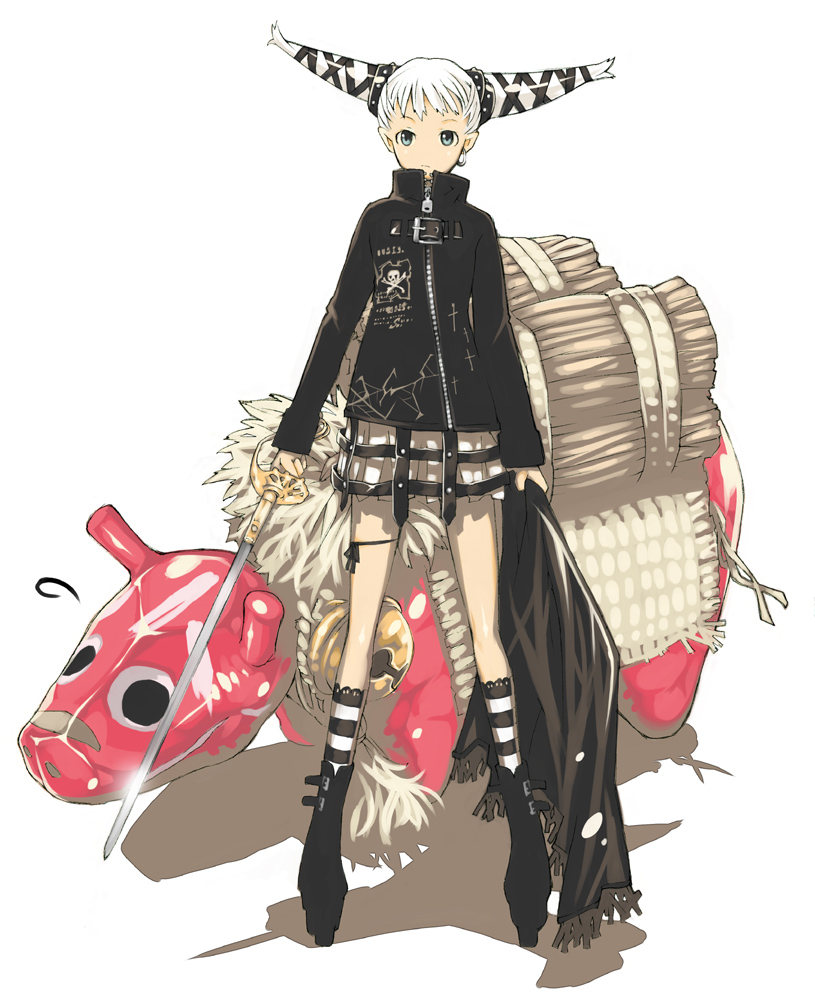 haku (artist), haku (sabosoda), original, bad id, bad pixiv id, 1girl, boots, earrings, female focus, green eyes, horns, jewelry, rapier, short hair, skirt, socks, solo, striped clothes, striped socks, sword, weapon, white hair