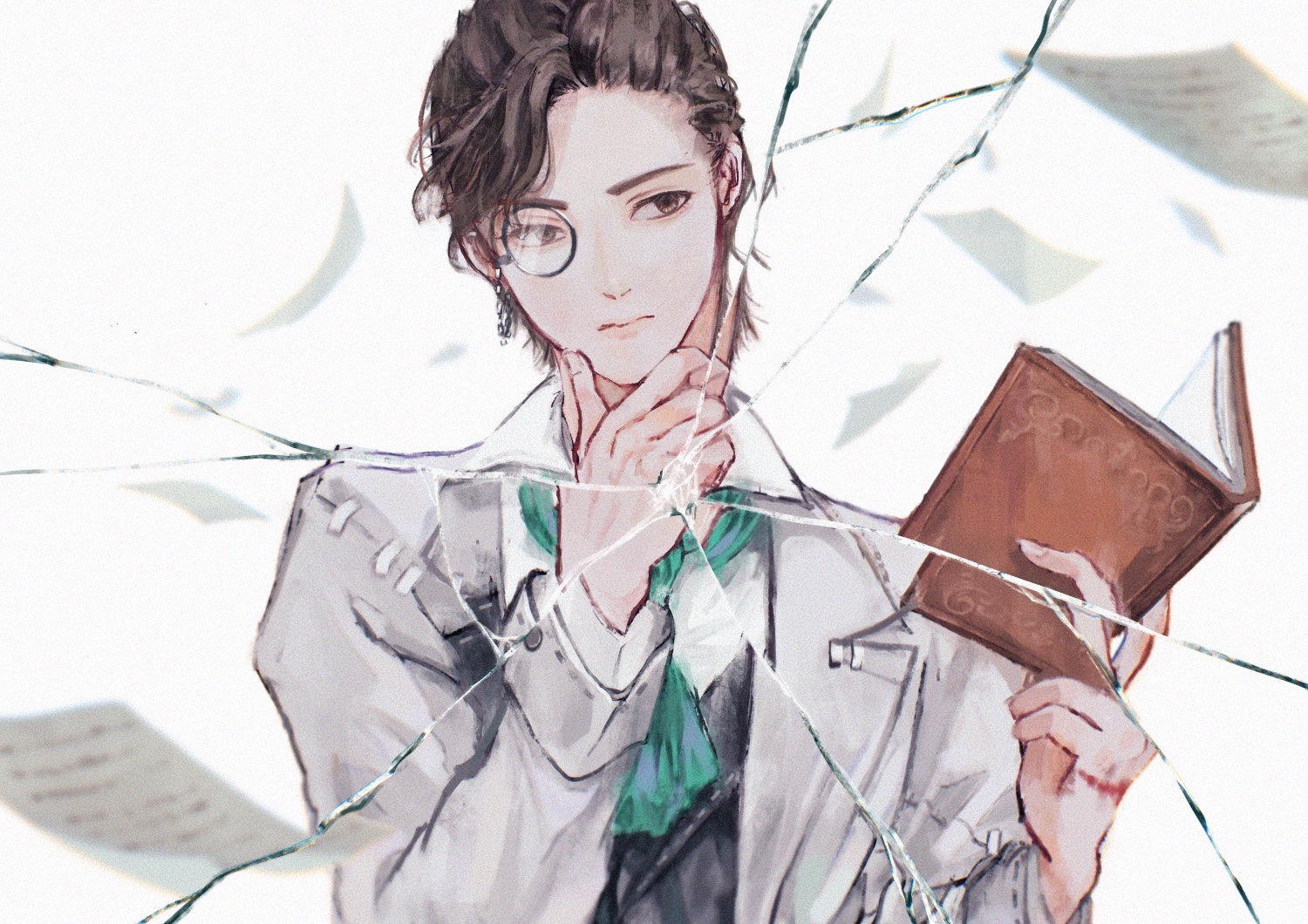 orpheus (identity v), identity v, 1boy, ascot, black vest, book, brown eyes, brown hair, crack, cracked glass, frown, green ascot, hair slicked back, holding, holding book, jacket, looking to the side, male focus, monocle, scar, scar on hand, tate mm, vest, wavy hair, white jacket