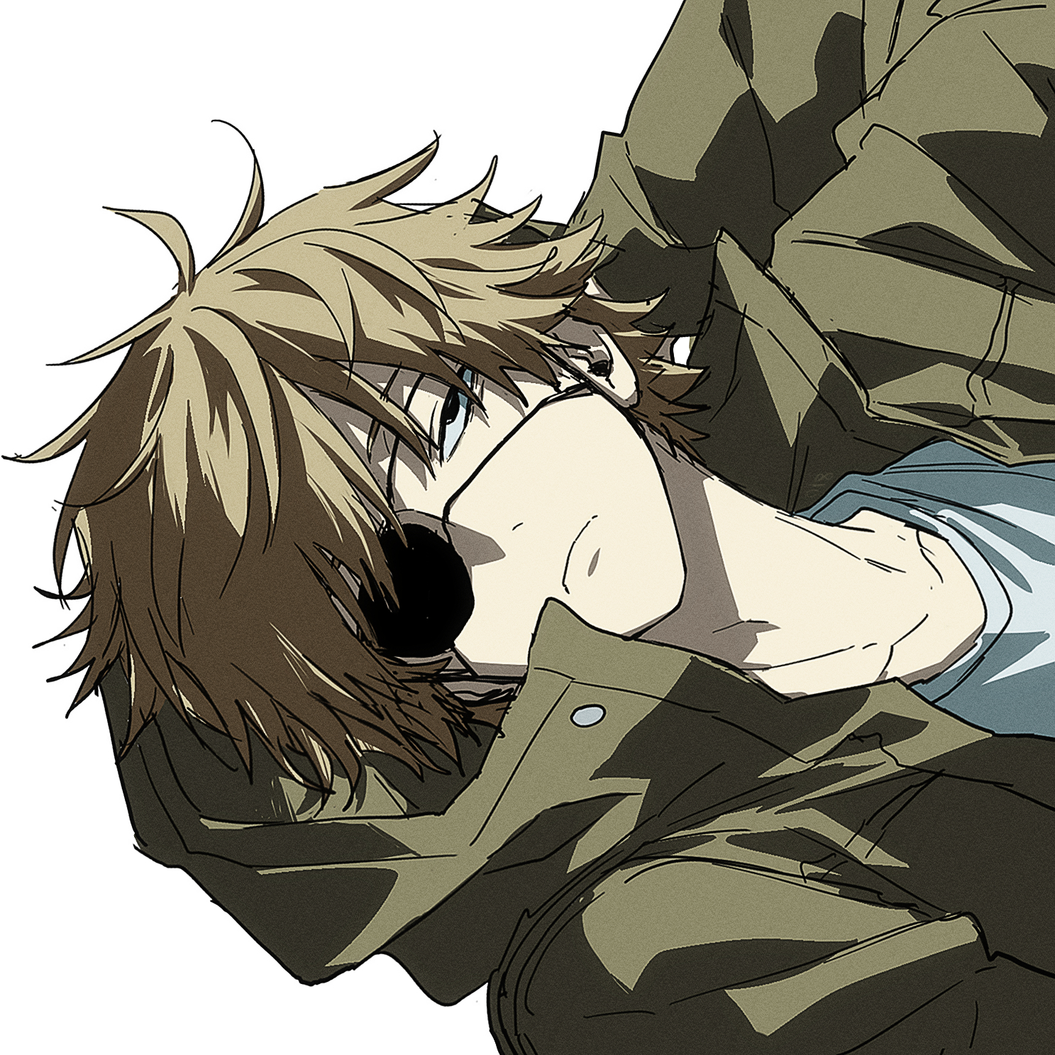 denji (chainsaw man), chainsaw man, highres, 1boy, blonde hair, coat, eyepatch, jacket, male focus, meongyo, messy hair, shirt, solo, upper body, white shirt