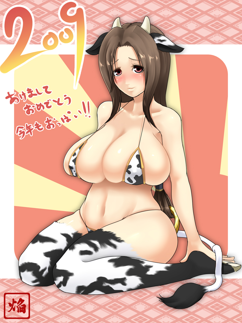 homura (haku89), fur, 00s, 1girl, 2009, animal ears, animal print, bikini, blush, breasts, brown hair, cow ears, cow girl, cow print, cow tail, curvy, female focus, horns, huge breasts, kneeling, long hair, micro bikini, new year, red eyes, solo, swimsuit, tail, thighhighs