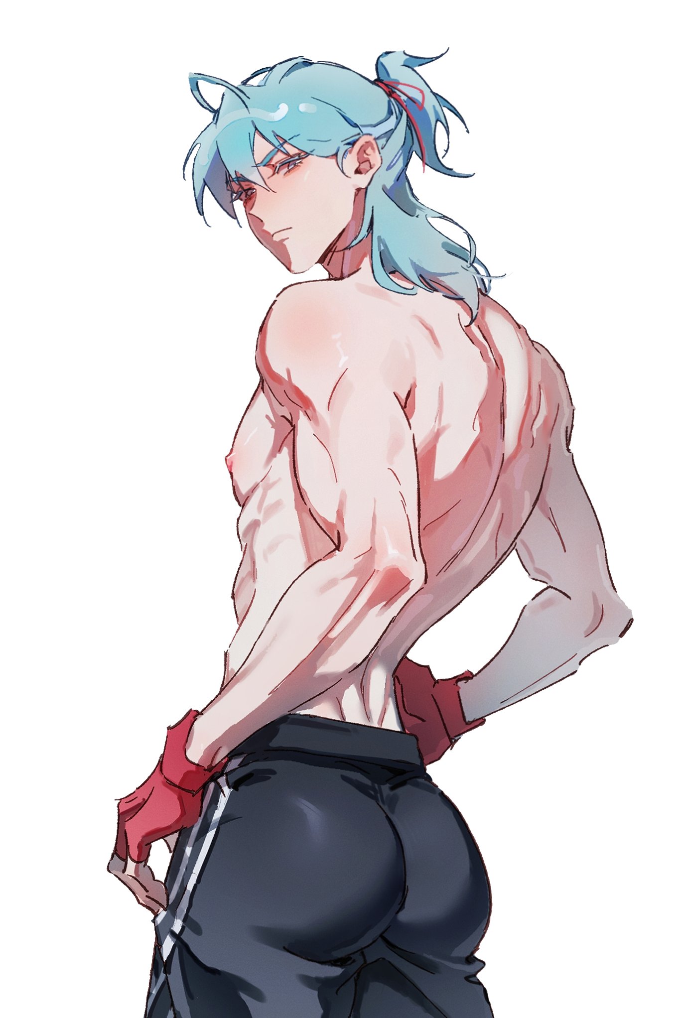 youyi494050, kyrgios rodgraim, omniscient reader's viewpoint, highres, 1boy, :/, ass, blue hair, cowboy shot, fingerless gloves, full body, gloves, hands on own hips, high ponytail, looking back, male focus, muscular, muscular male, narrowed eyes, no shirt, panties, ponytail, red gloves, solo, striped clothes, striped panties, tight clothes, underwear