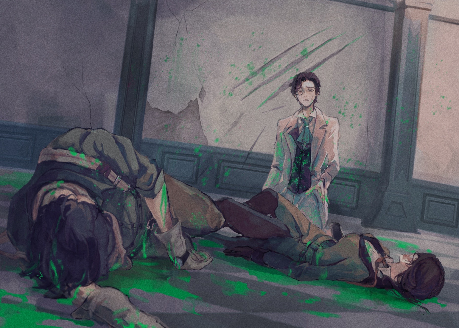 melly plinius, norton campbell, identity v, highres, 1girl, 2boys, ascot, black vest, blood, blood on clothes, blood on wall, brown gloves, brown hair, brown pants, coat, death, gloves, green ascot, green blood, green coat, green shirt, hair intakes, jacket, kneeling, looking at another, lying, monocle, multiple boys, pants, pool of blood, scar, scar on face, shirt, sweat, tate mm, vest, white jacket