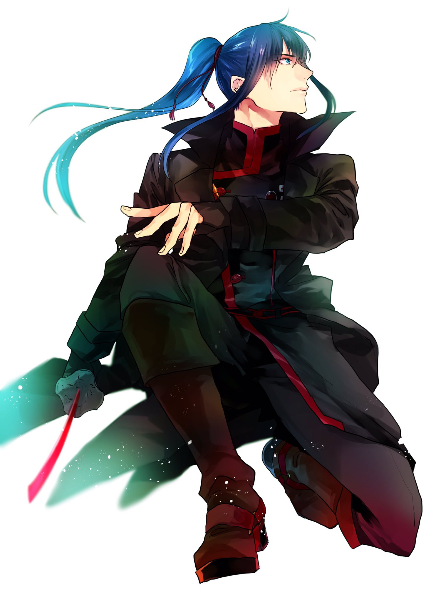 kanda yuu, d.gray-man, highres, 1boy, black coat, black order uniform, black pants, blue eyes, blue hair, boots, brown boots, brown gloves, buttons, coat, collared coat, facing to the side, fingerless gloves, floating hair, frown, gloves, green aura, hair between eyes, hair ribbon, high ponytail, holding, holding sword, holding weapon, katana, koshian (mruc9), layered clothes, long coat, long hair, looking to the side, male focus, military, military uniform, on one knee, open clothes, open coat, pants, ponytail, profile, red ribbon, ribbon, sidelocks, simple background, single glove, solo, sparkle, striped coat, sword, vertical-striped coat, weapon, white background
