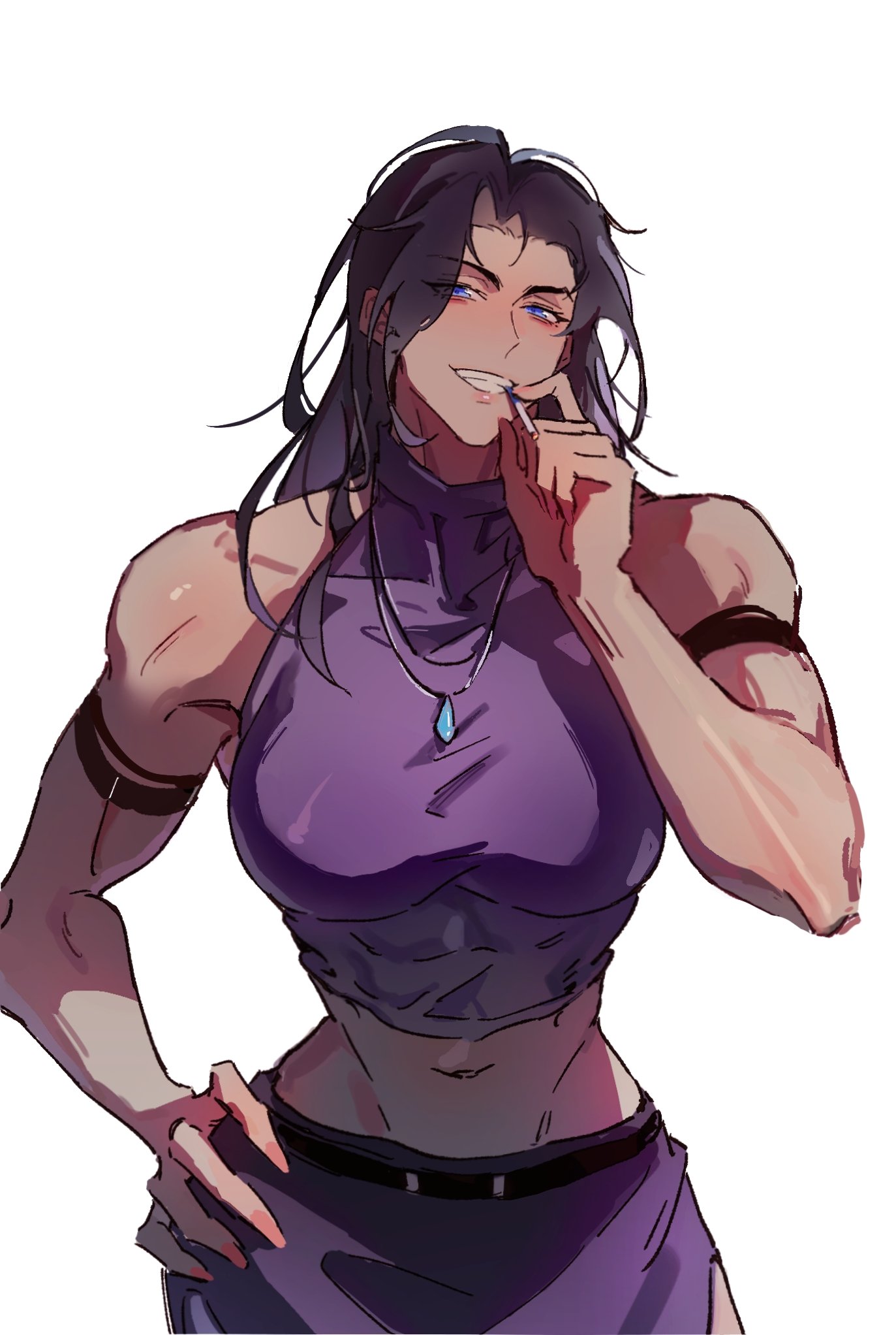 youyi494050, omniscient reader's viewpoint, highres, 1girl, armlet, black eyes, black hair, breasts, cigarette, crop top, curtained hair, grin, hair flowing over, halterneck, hand on own hip, head tilt, holding, holding cigarette, jewelry, muscular, muscular female, namgung minyoung, necklace, smile, solo, stomach
