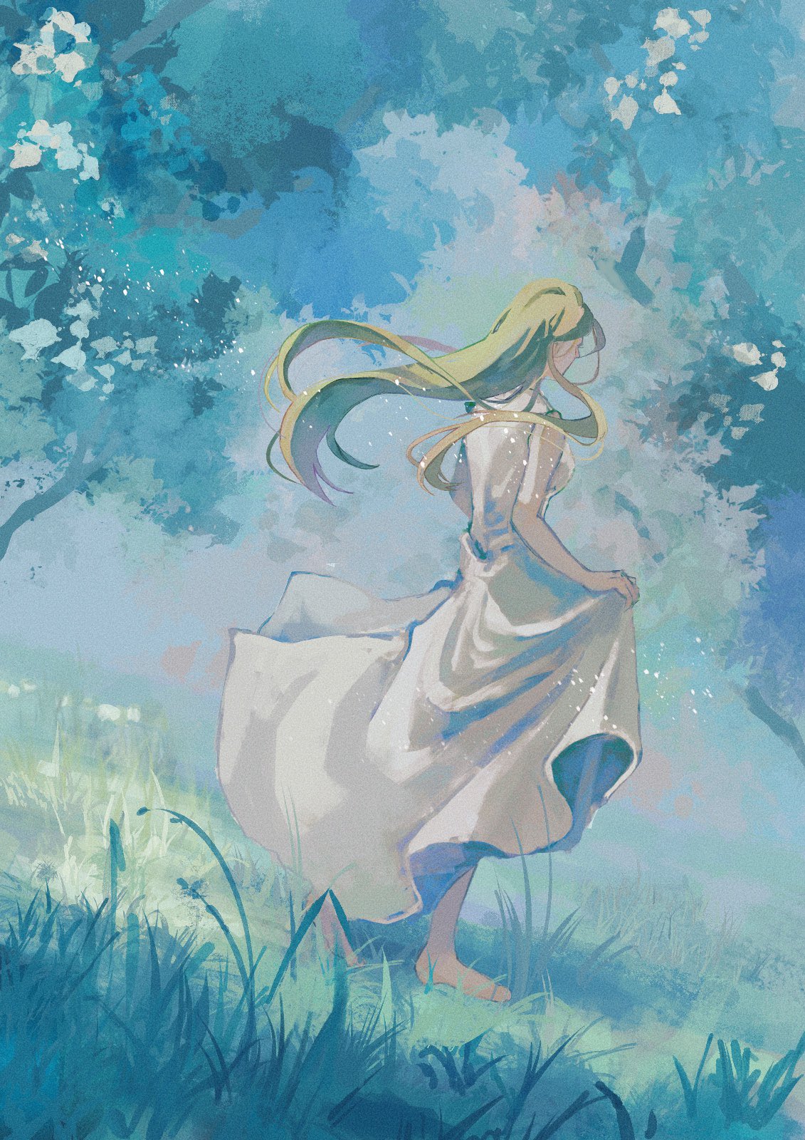 alice deross, identity v, highres, barefoot, blonde hair, clothes lift, dress, dress lift, faceless, faceless female, facing away, floating clothes, floating hair, grass, lifting own clothes, tate mm, tree, wavy hair, white dress