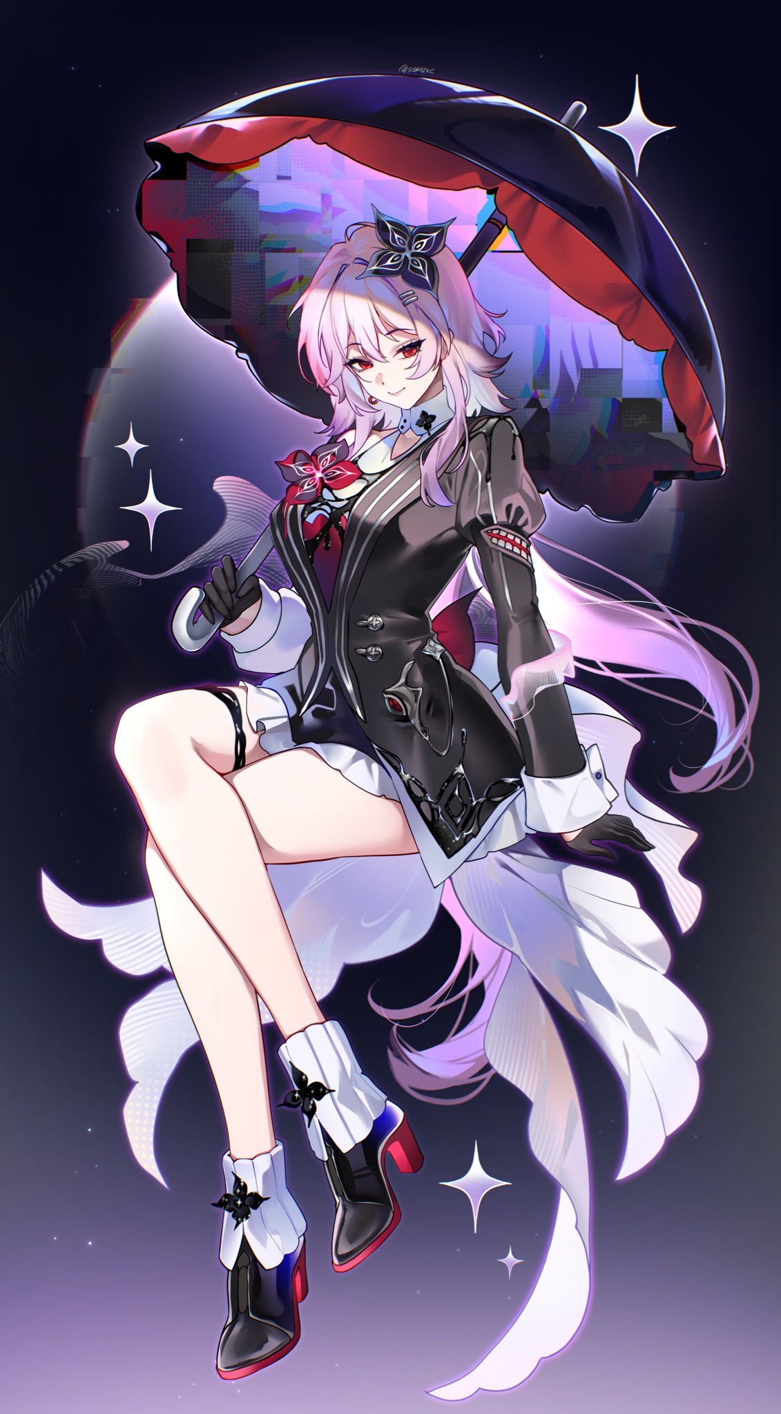 sakichka, evernight (honkai: star rail), march 7th (honkai: star rail), honkai: star rail, honkai (series), commentary, highres, symbol-only commentary, 1girl, asymmetrical dress, black dress, black gloves, black umbrella, breasts, closed mouth, crossed legs, dress, flower, full body, gloves, hair flower, hair ornament, holding, holding umbrella, jewelry, long hair, long sleeves, looking at viewer, medium breasts, pink hair, purple flower, red eyes, smile, solo, thighlet, thighs, umbrella, very long hair