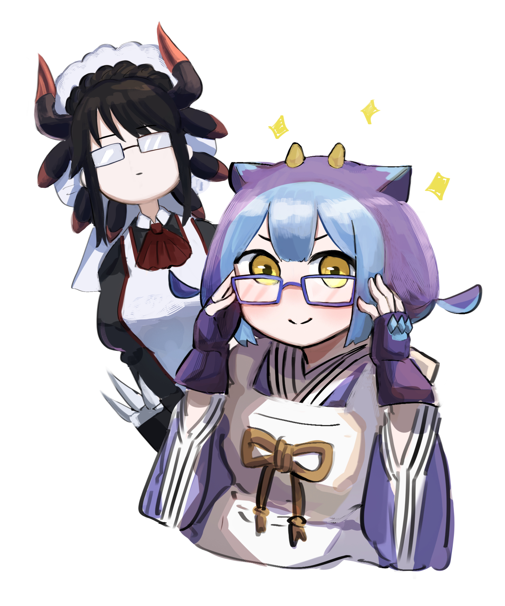 hatano kiyoshi, house dragonmaid, laundry dragonmaid, yu-gi-oh!, highres, 2girls, apron, black hair, blue hair, blue kimono, blush, braid, closed mouth, dragon girl, dragon horns, duel monster, fingerless gloves, glasses, gloves, horns, japanese clothes, kimono, long sleeves, looking at viewer, maid, maid apron, maid headdress, mixed maids, multiple girls, puffy long sleeves, puffy sleeves, purple hair, short hair, short twintails, simple background, smile, twintails, wa maid, white apron, white background, yellow eyes