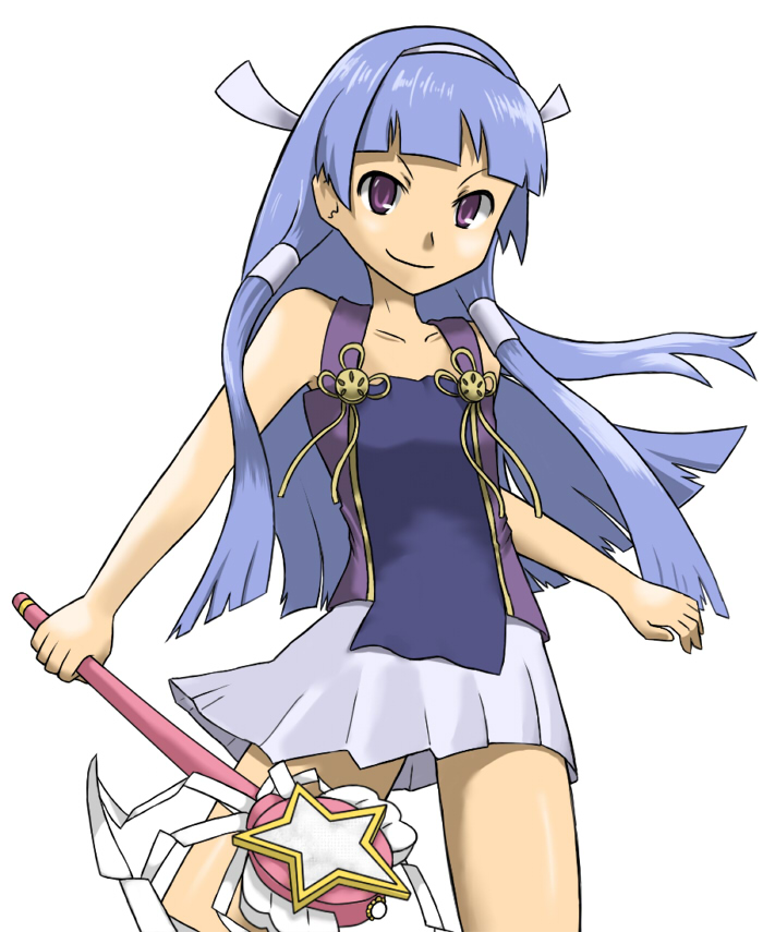 gozu (pixiv), gozu (pixiv4674), neri gozu, nagi, kannagi, bad id, bad pixiv id, 00s, 1girl, blue hair, blunt bangs, female focus, hair tubes, hairband, long hair, pleated skirt, purple eyes, skirt, solo, wand, white skirt