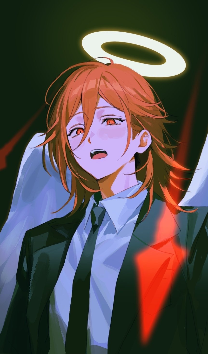 sarara rarara, angel devil (chainsaw man), chainsaw man, highres, 1boy, angel, angel wings, black necktie, black suit, blush, collared shirt, feathered wings, formal clothes, glowing, glowing halo, hair between eyes, halo, jacket, long hair between eyes, long sleeves, looking at viewer, male focus, medium hair, necktie, open mouth, orange eyes, orange hair, shirt, solo, suit, suit jacket, traditional halo, white wings, wings