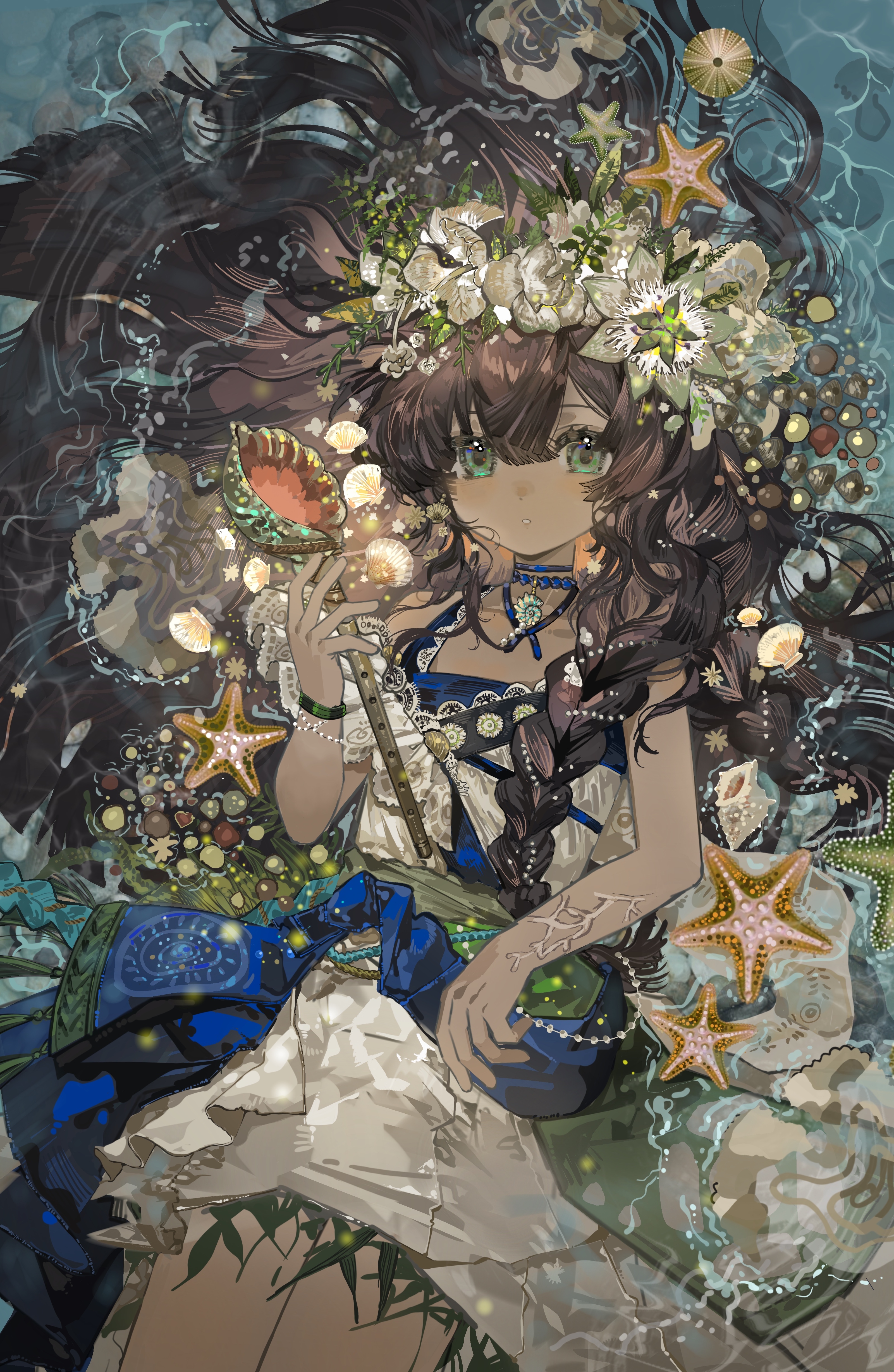 kelezi, fatutu, reverse:1999, absurdres, highres, 1girl, blue background, blue eyes, brown hair, conch, dark-skinned female, dark skin, dress, flower, from above, hair flower, hair ornament, hair spread out, hand up, holding, holding shell, lying, on back, partially submerged, shallow water, shell, sleeveless, sleeveless dress, solo, starfish, upper body, water, white dress, white flower
