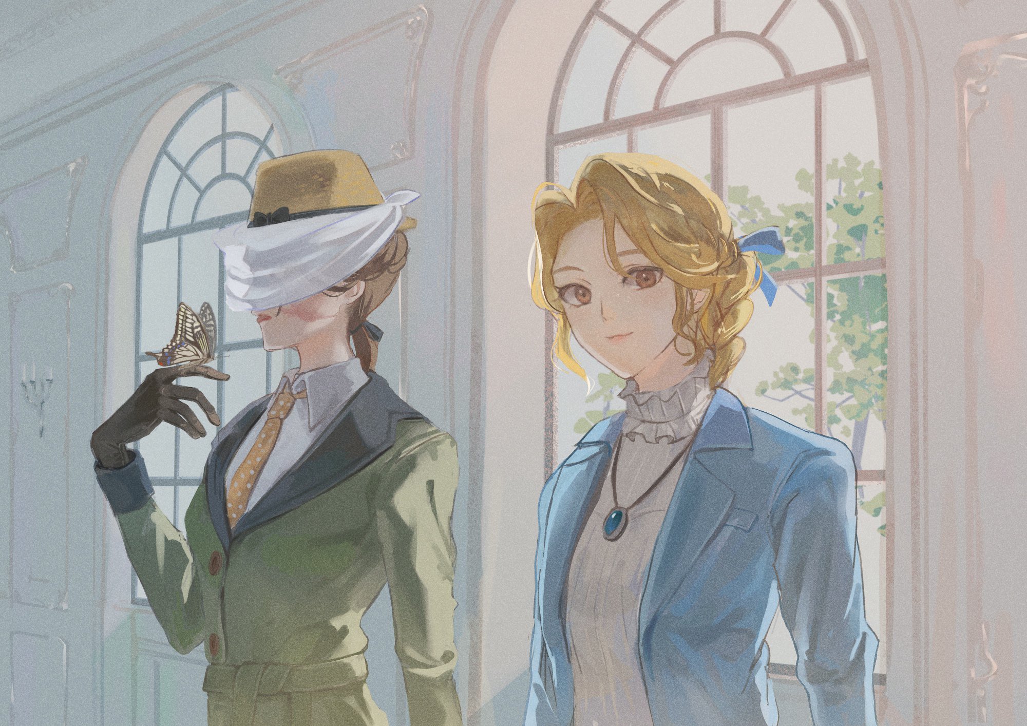 alice deross, melly plinius, identity v, highres, 2girls, blonde hair, blue jacket, blue ribbon, braid, brown hair, bug, butterfly, butterfly on hand, coat, collar, frilled collar, frills, green coat, hair intakes, hat, insect, jacket, jewelry, lapels, looking at viewer, multiple girls, necklace, necktie, obscured eyes, orange necktie, red lips, ribbon, shirt, single braid, smile, straw hat, tate mm, tree, veil, white shirt, white veil, window, yellow eyes