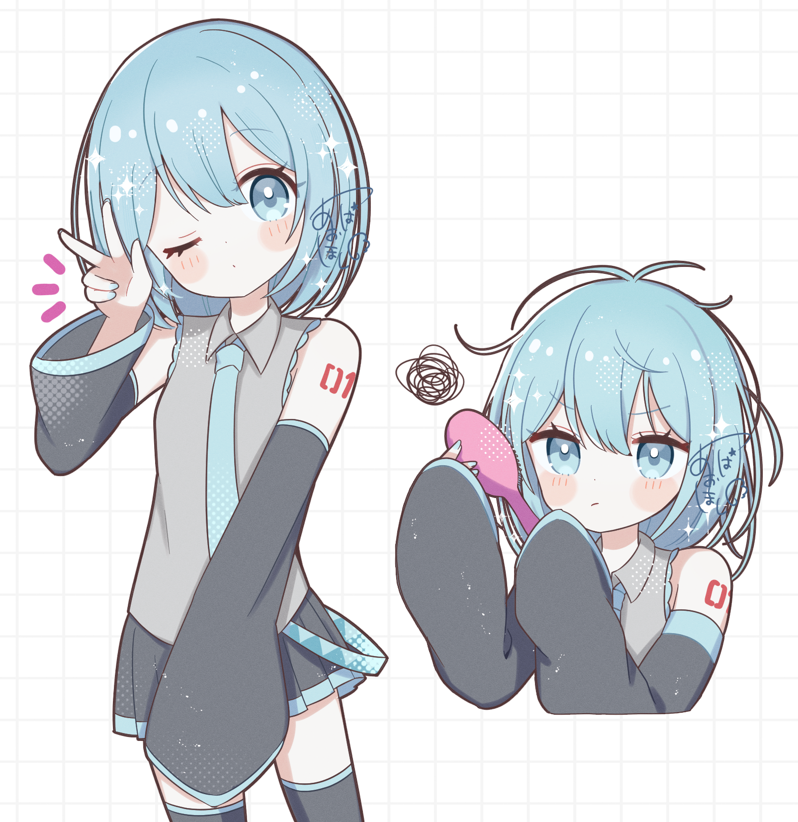 aobahosino, hatsune miku, vocaloid, commentary request, highres, 1girl, alternate hair length, alternate hairstyle, bare shoulders, black skirt, black thighhighs, blue eyes, blue hair, blue nails, blue necktie, blush stickers, bob cut, closed mouth, collared shirt, comb, cowboy shot, cropped torso, grey shirt, grid background, hand up, holding, holding comb, looking at viewer, messy hair, miniskirt, multiple views, nail polish, necktie, notice lines, number tattoo, one eye closed, pleated skirt, shirt, short hair, shoulder tattoo, signature, skirt, sleeveless, sleeveless shirt, squiggle, tattoo, thighhighs, w, white background, zettai ryouiki