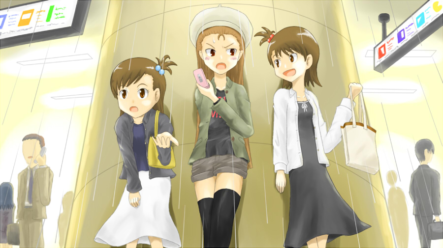 gozu (pixiv), gozu (pixiv4674), neri gozu, futami ami, futami mami, minase iori, idolmaster, idolmaster (classic), idolmaster 1, bad id, bad pixiv id, 00s, 3girls, bag, beret, brown eyes, brown hair, casual, cellphone, hair bobbles, hair ornament, handbag, hat, multiple girls, phone, red eyes, shopping, siblings, sisters, thighhighs, twins